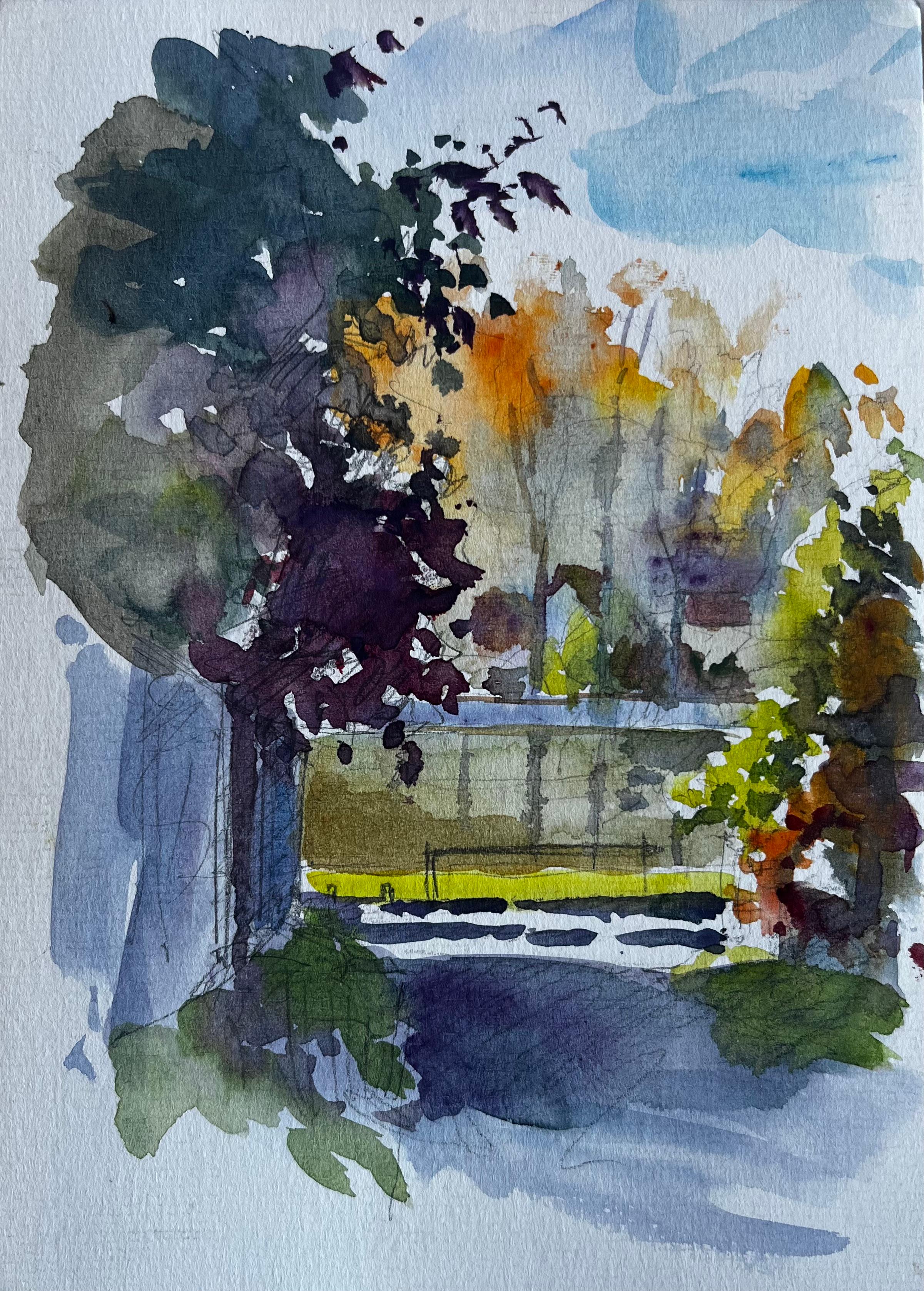 Giardino d
autunno con alberi e luce solare Acquerello francese di Pierre Neveu