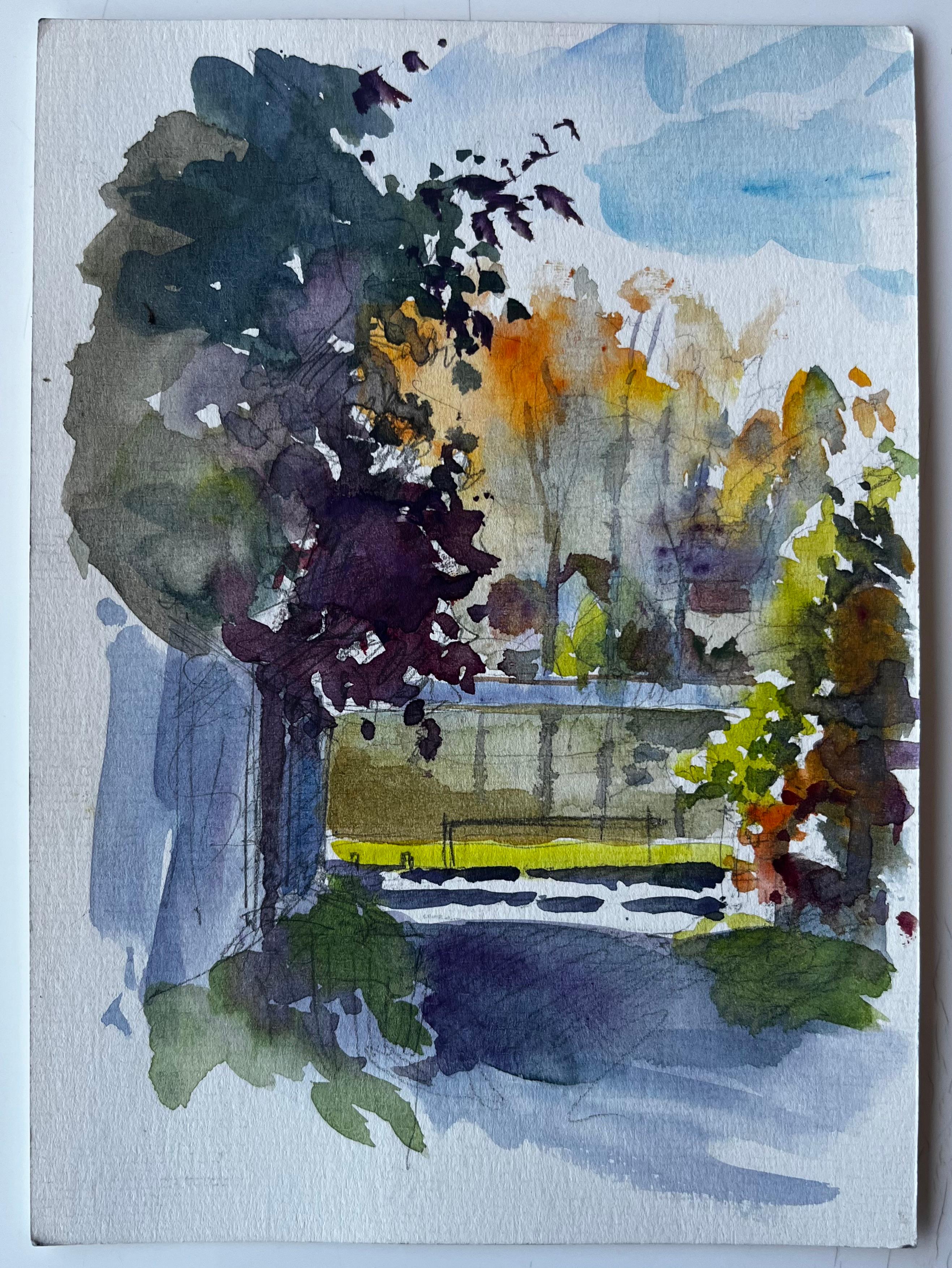 Jardin d'automne avec arbres et soleil Aquarelle française de Pierre Neveu en vente 1