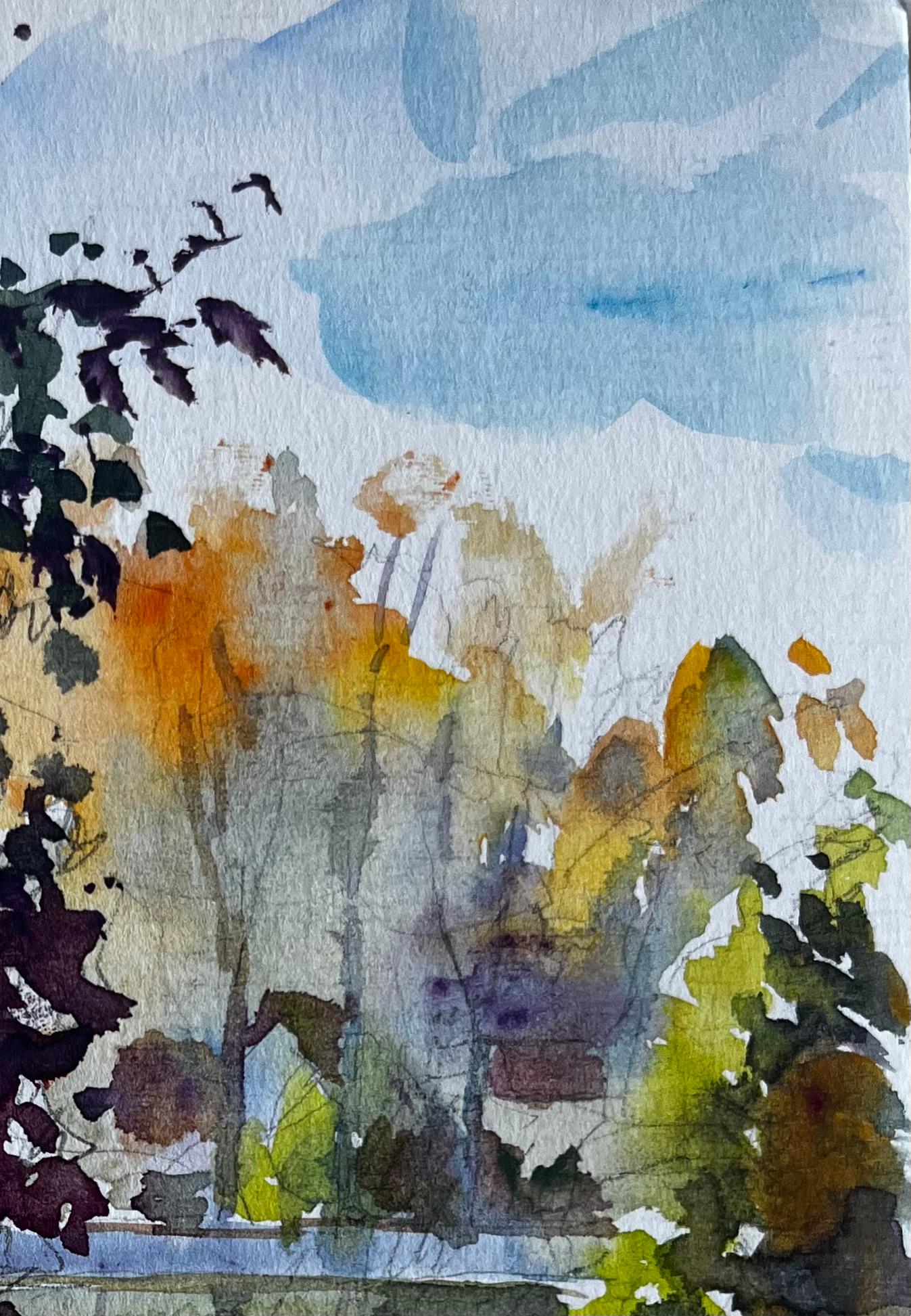 Jardin d'automne avec arbres et soleil Aquarelle française de Pierre Neveu en vente 2