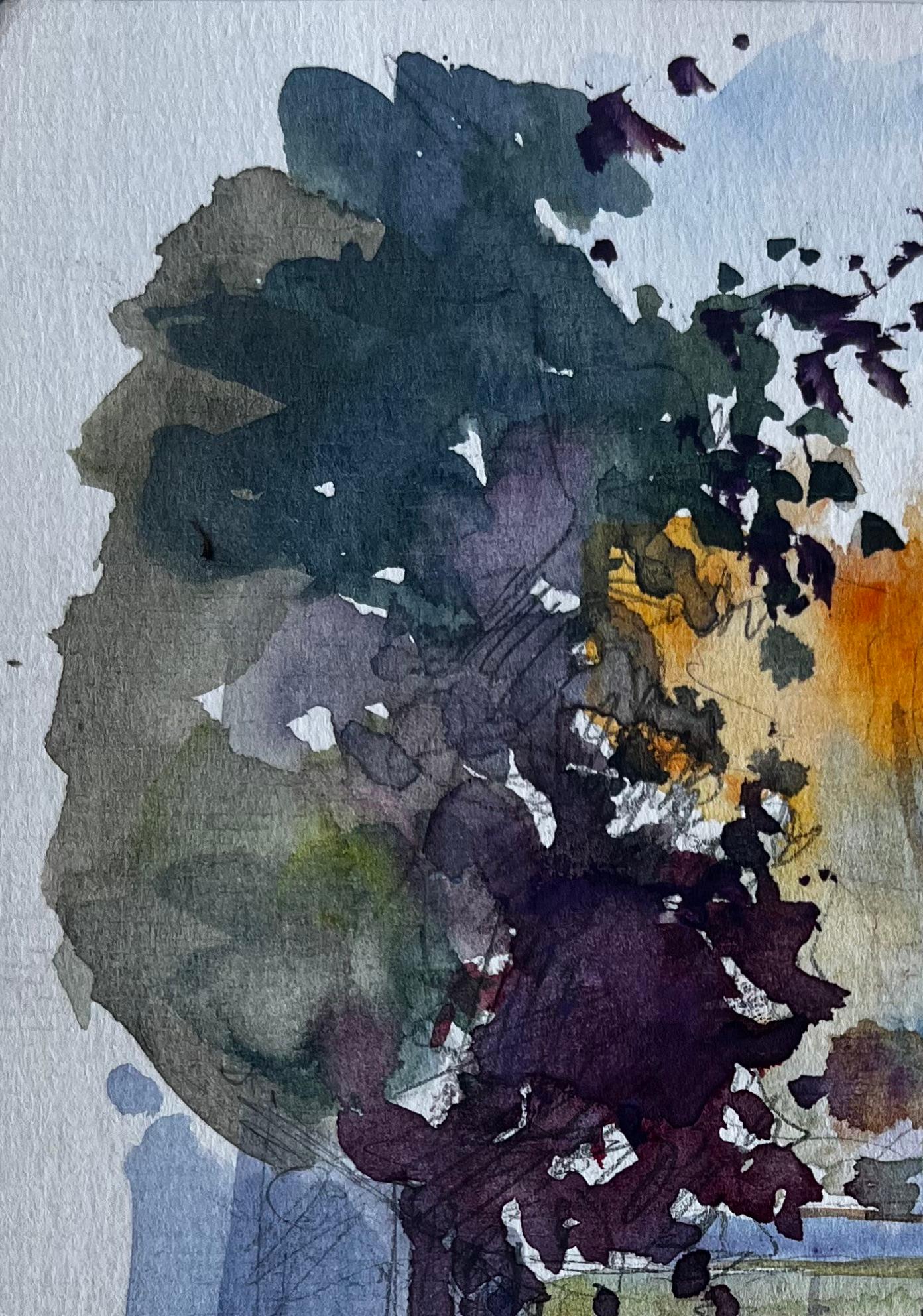 Jardin d'automne avec arbres et soleil Aquarelle française de Pierre Neveu en vente 3