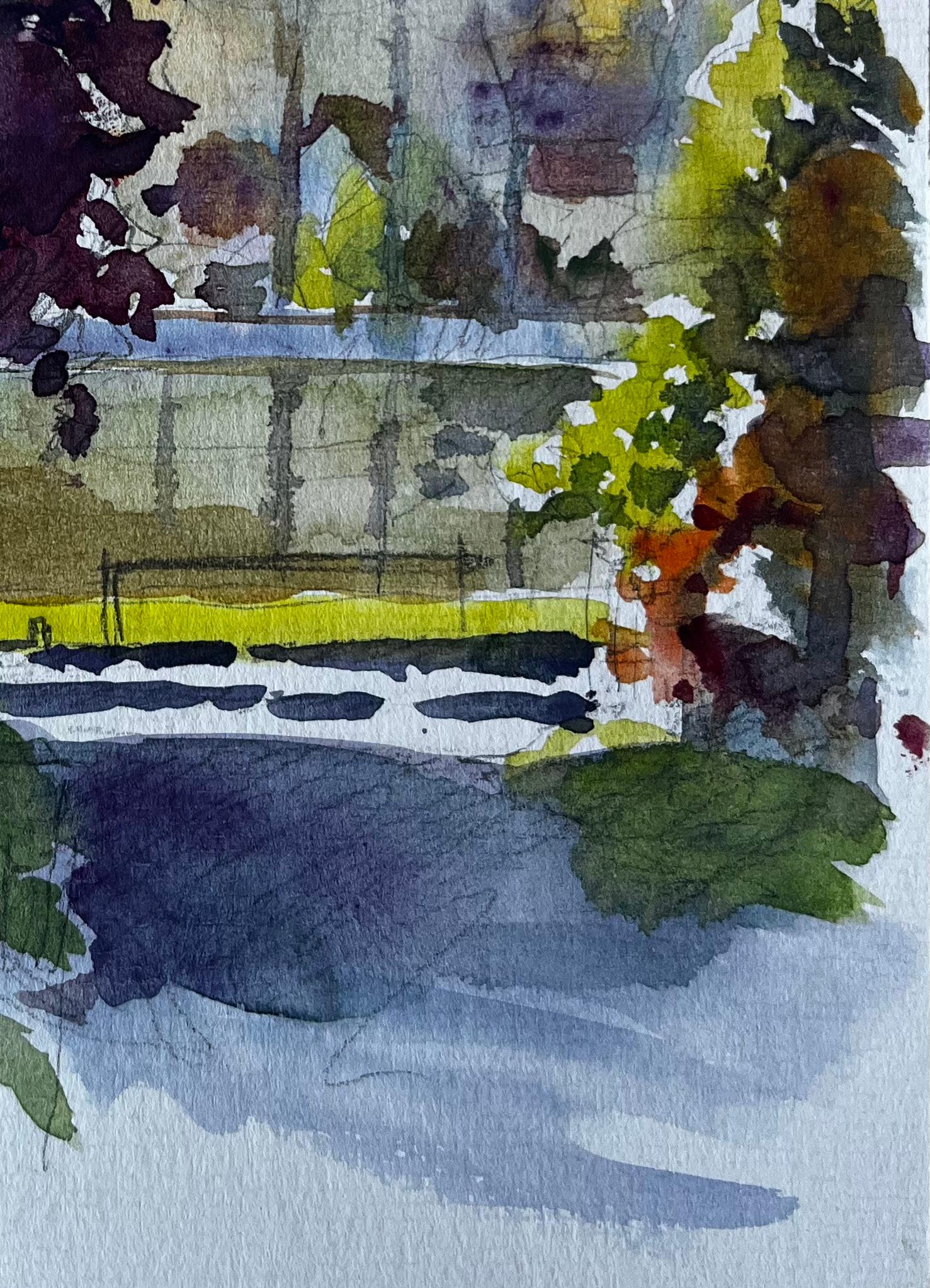 Jardin d'automne avec arbres et soleil Aquarelle française de Pierre Neveu en vente 4