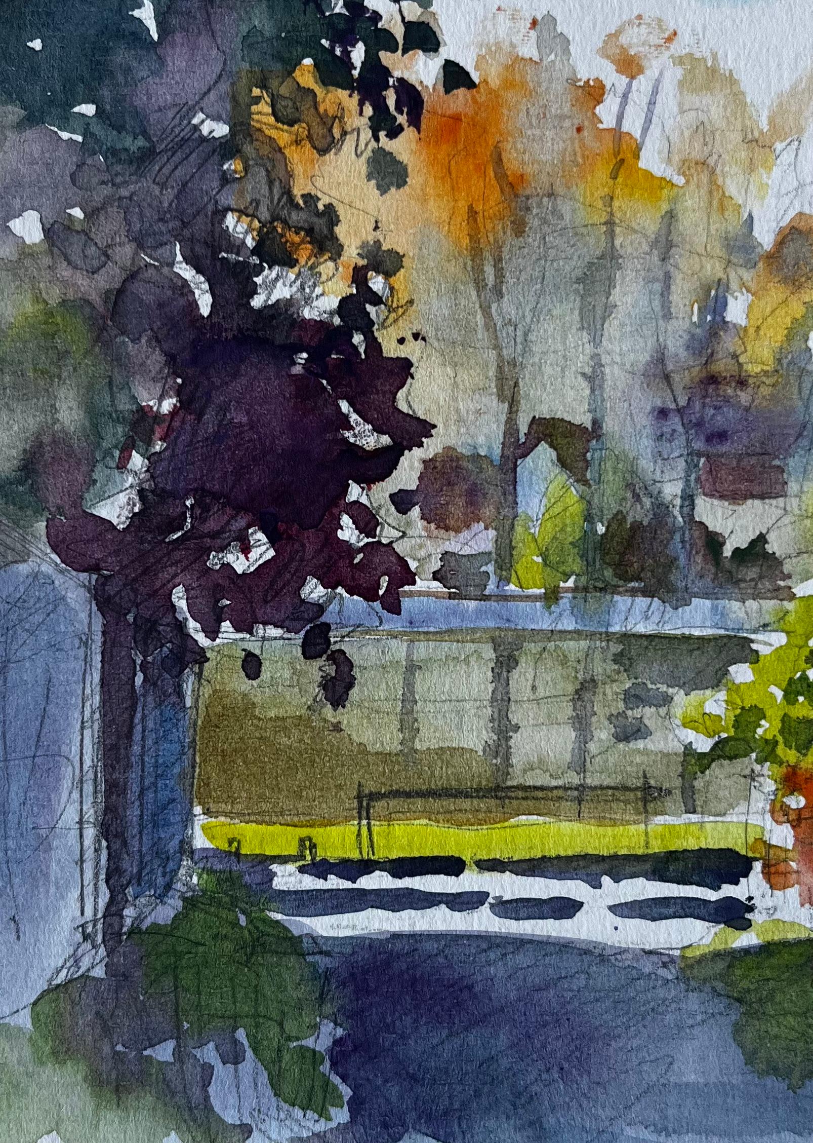 Jardin d'automne avec arbres et soleil Aquarelle française de Pierre Neveu en vente 6