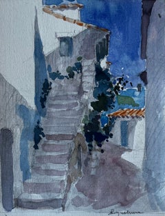Acquerello di Roquebrune CAP, villaggio di Martin, scalinata della Riviera Francese