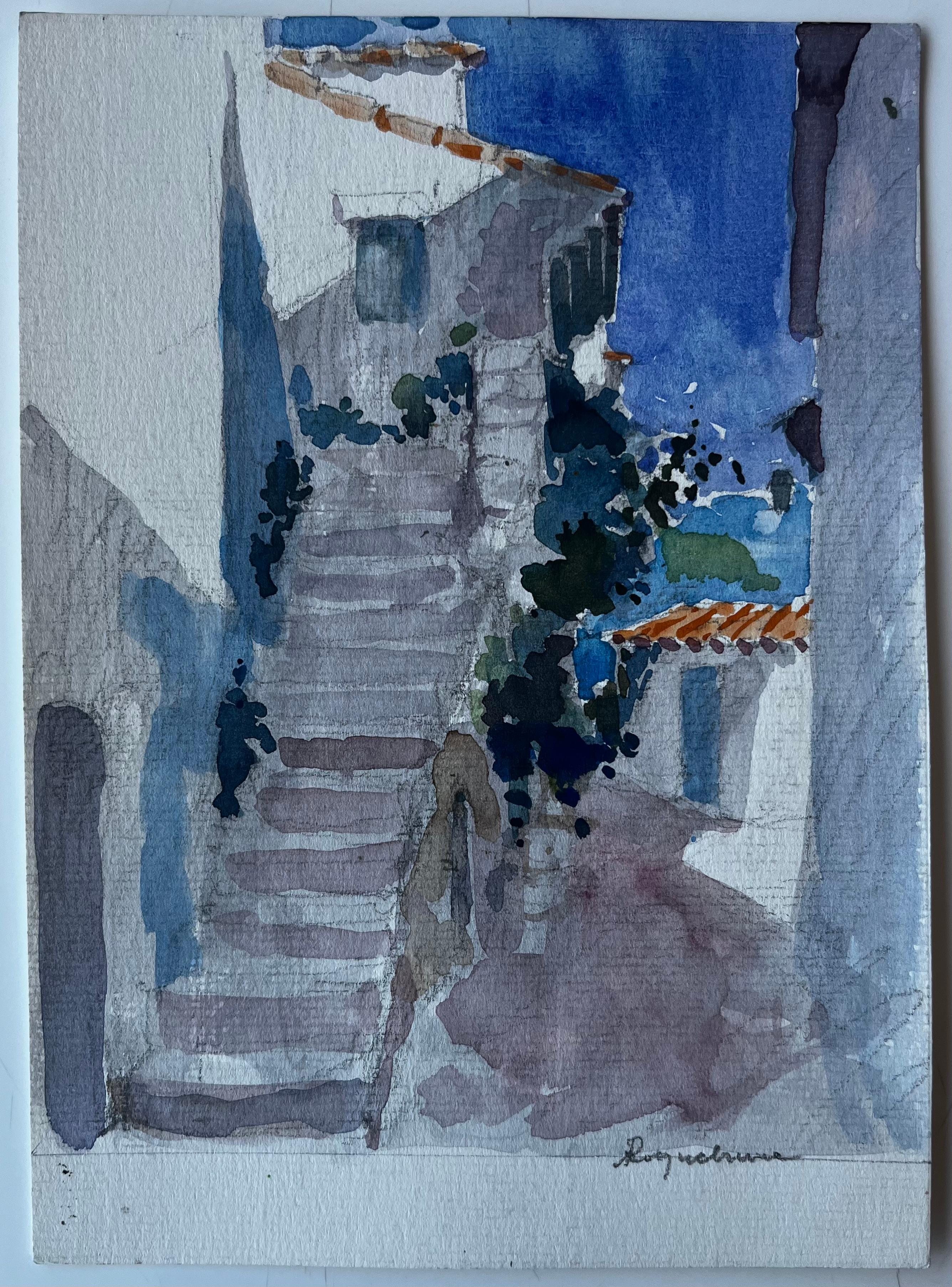 Roquebrune Cap Martin Dorf Treppe Französische Riviera Aquarell – Art von Pierre Neveu
