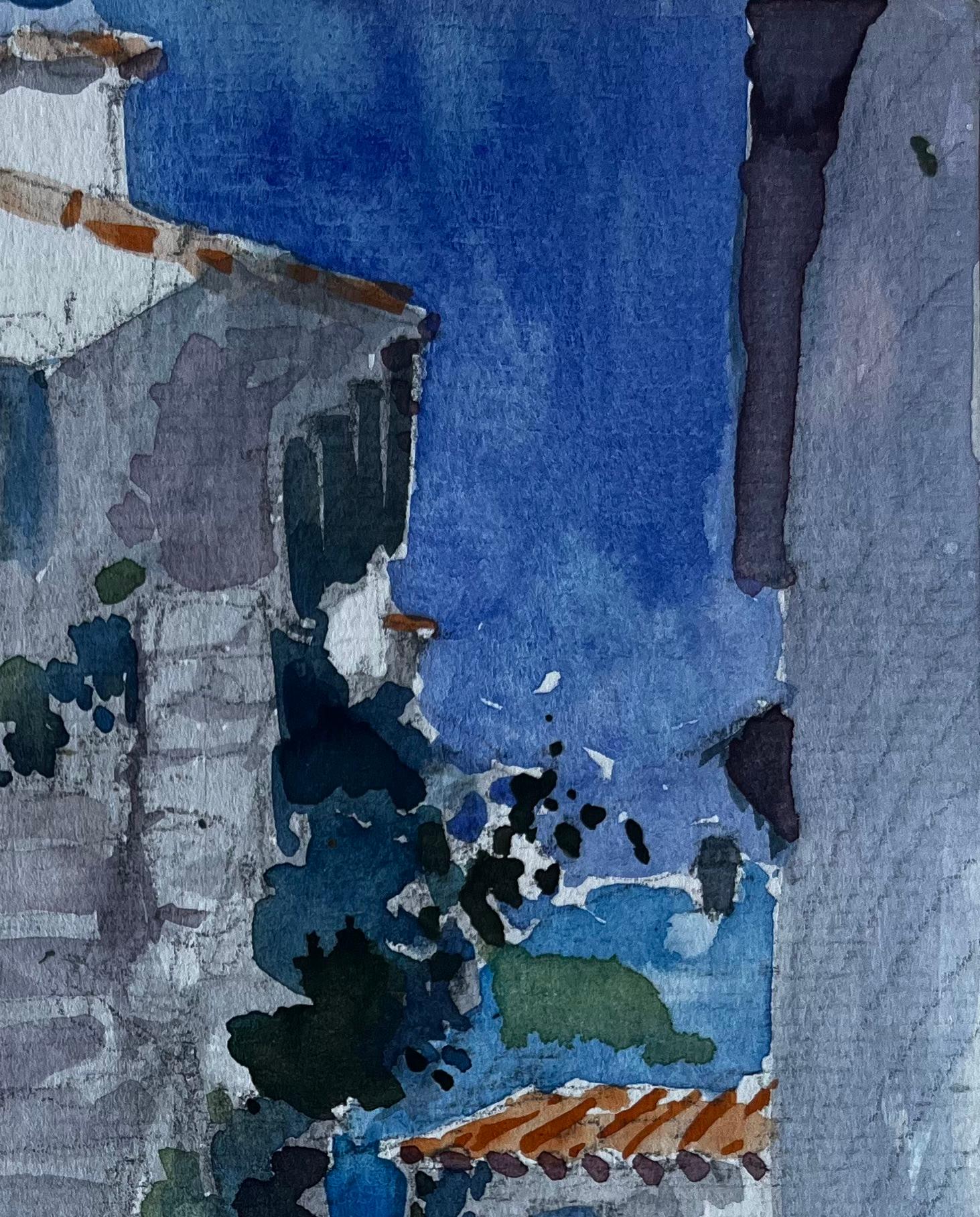 Roquebrune Cap Martin Dorf Treppe Französische Riviera Aquarell (Post-Impressionismus), Art, von Pierre Neveu