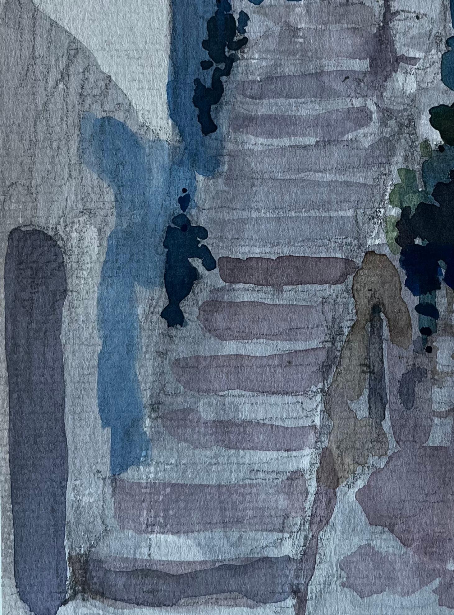 Roquebrune Cap Martin Dorf Treppe Französische Riviera Aquarell im Angebot 1