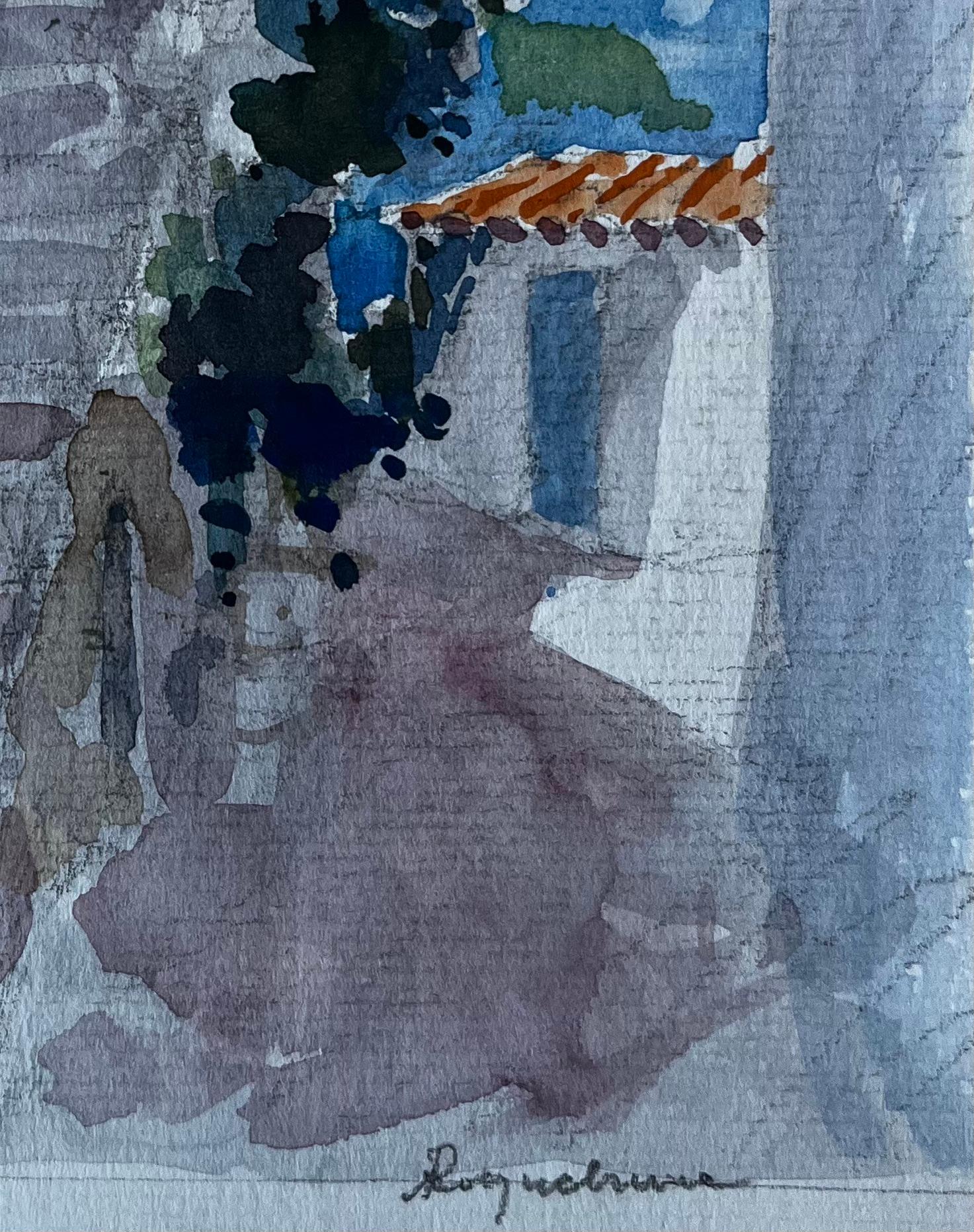 Roquebrune Cap Martin Dorf Treppe Französische Riviera Aquarell (Grau), Landscape Art, von Pierre Neveu