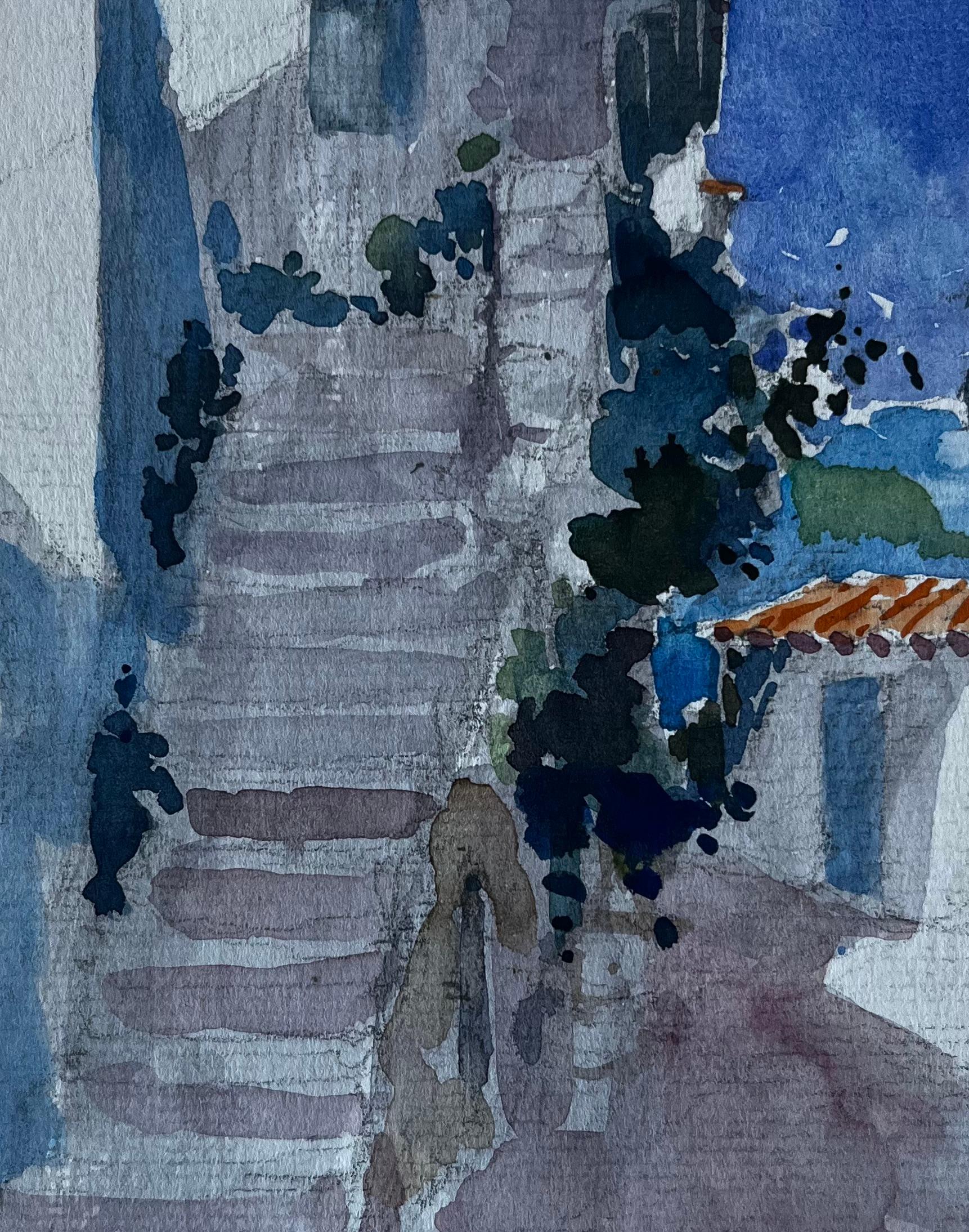 Roquebrune Cap Martin Dorf Treppe Französische Riviera Aquarell im Angebot 2