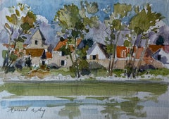 Villaggio fluviale di Loys Acquerello francese di Pierre Neveu