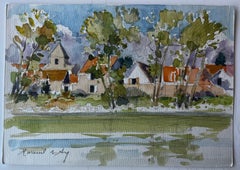 Hameau de Loy Riverside Village French Watercolour by Pierre Neveu