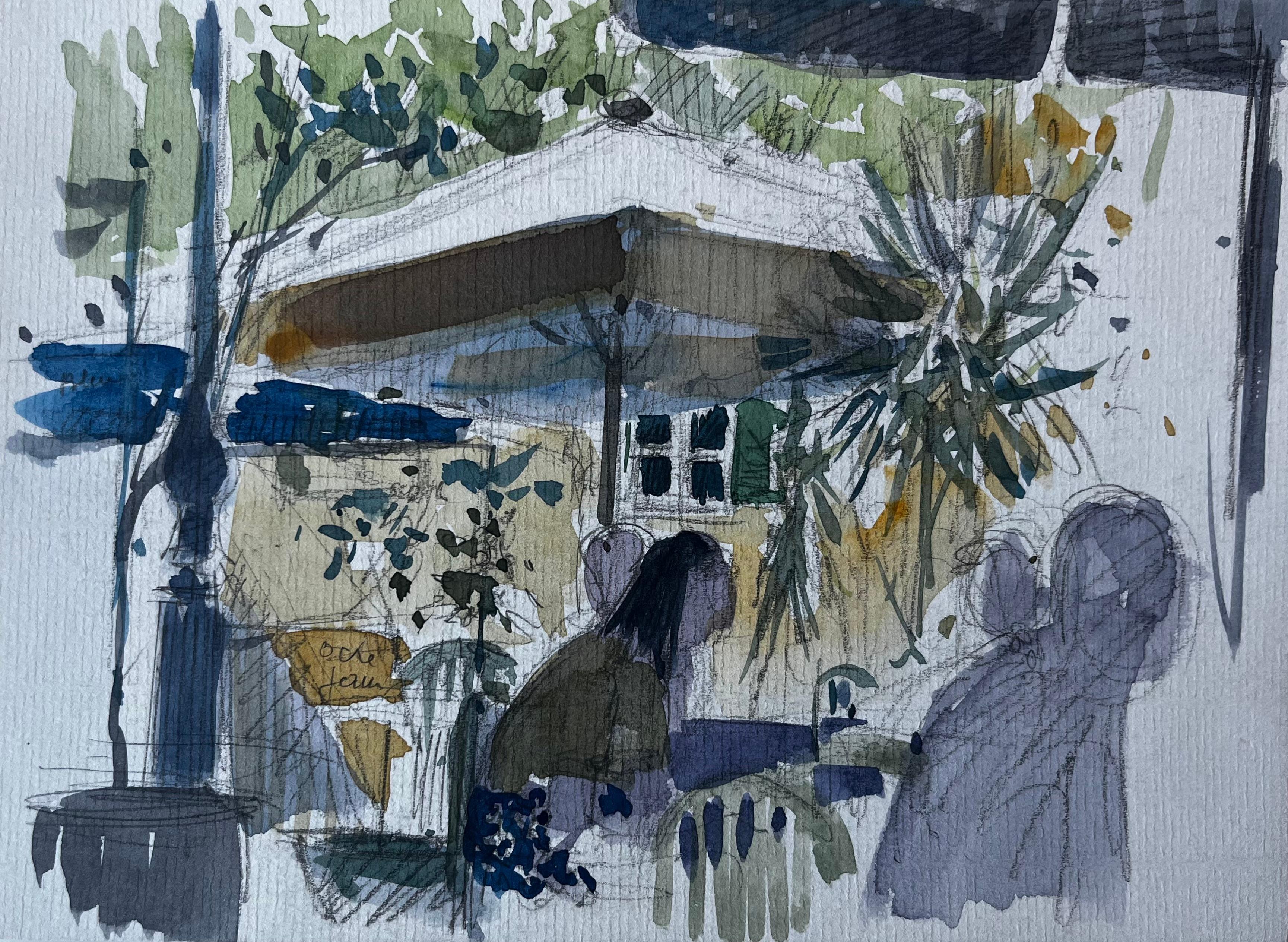 Scène de terrasse de café avec parapluie Aquarelle française de Pierre Neveu