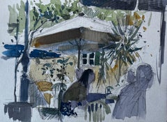 Scena di terrazza con ombrellone Acquerello francese di Pierre Neveu