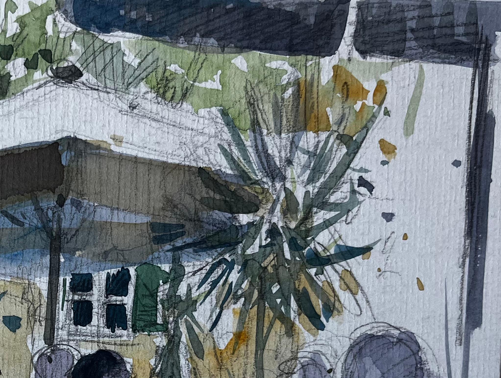 Scène de terrasse de café avec parapluie Aquarelle française de Pierre Neveu en vente 2