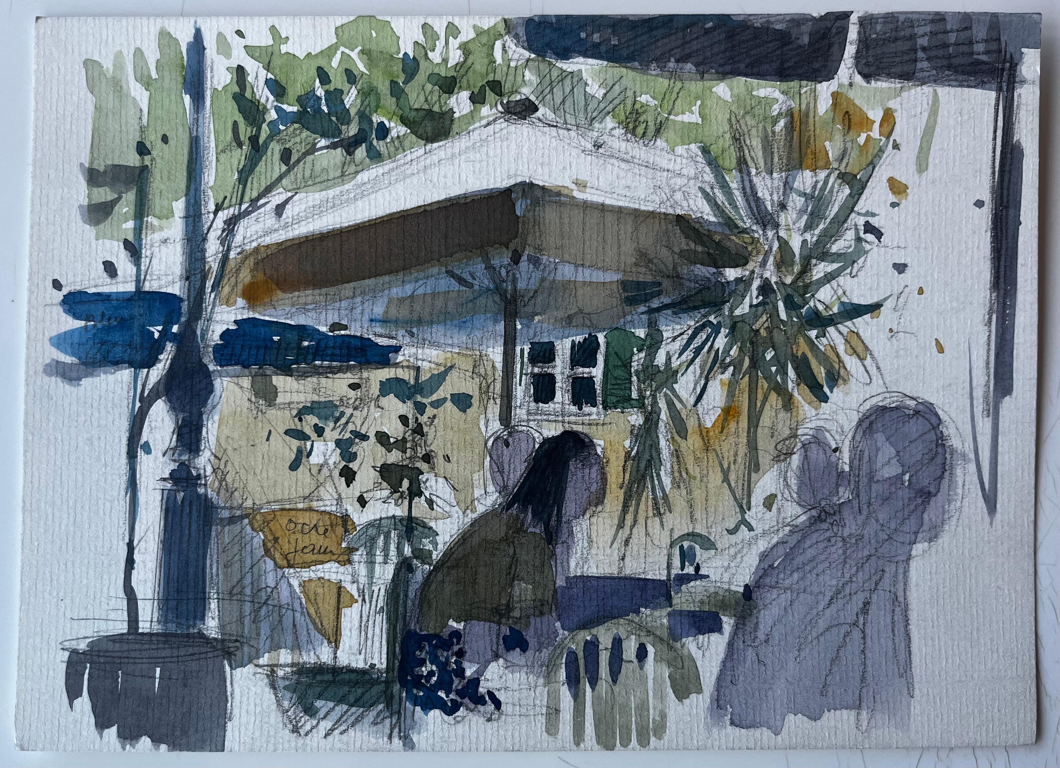 Scène de terrasse de café avec parapluie Aquarelle française de Pierre Neveu en vente 1