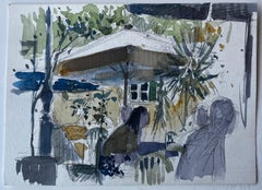 Café Terrace Scene with Umbrella French Watercolour by Pierre Neveu