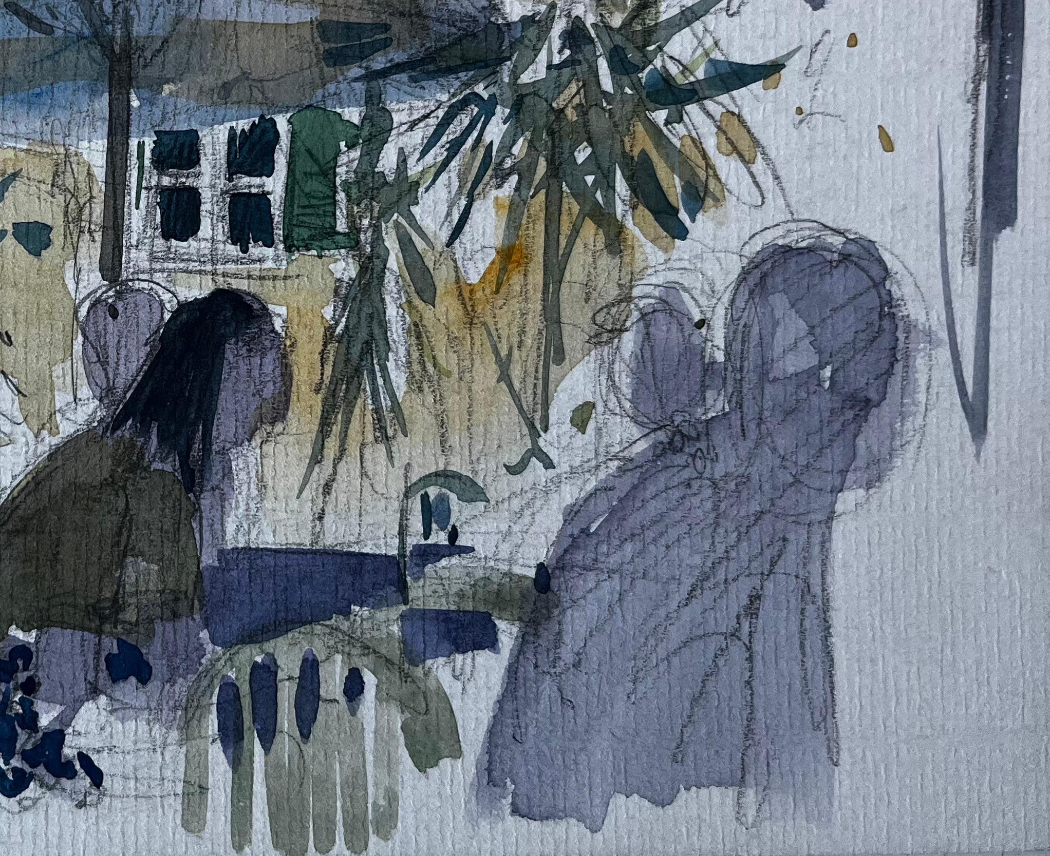 Scène de terrasse de café avec parapluie Aquarelle française de Pierre Neveu en vente 3