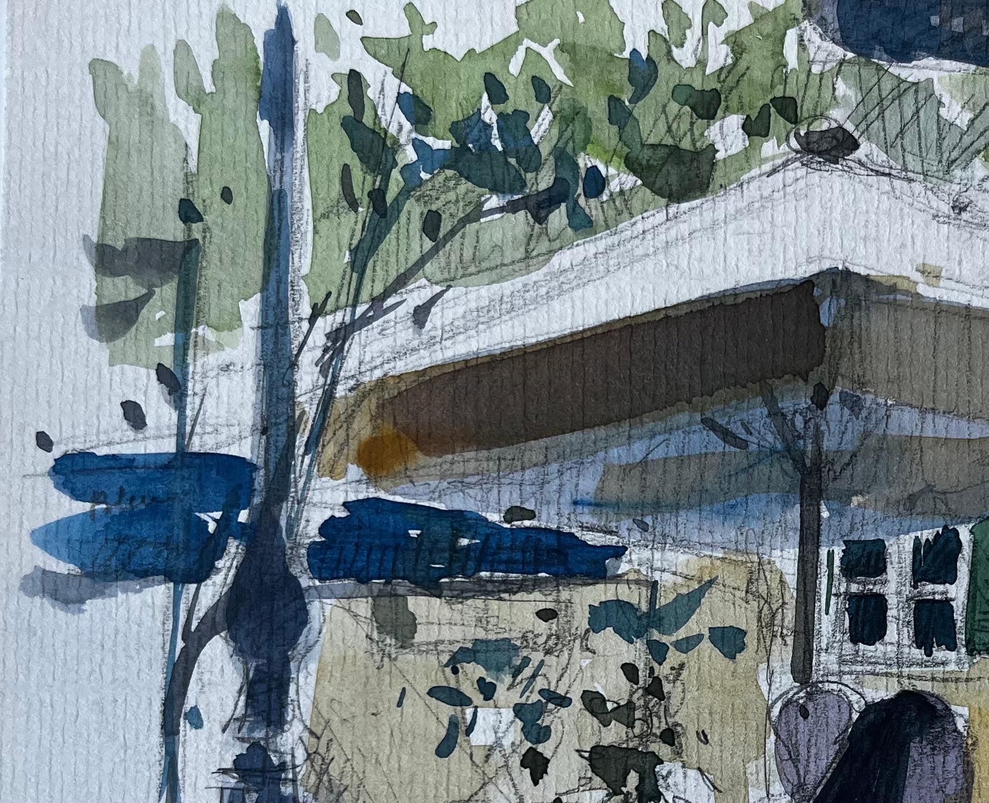 Scène de terrasse de café avec parapluie Aquarelle française de Pierre Neveu en vente 4