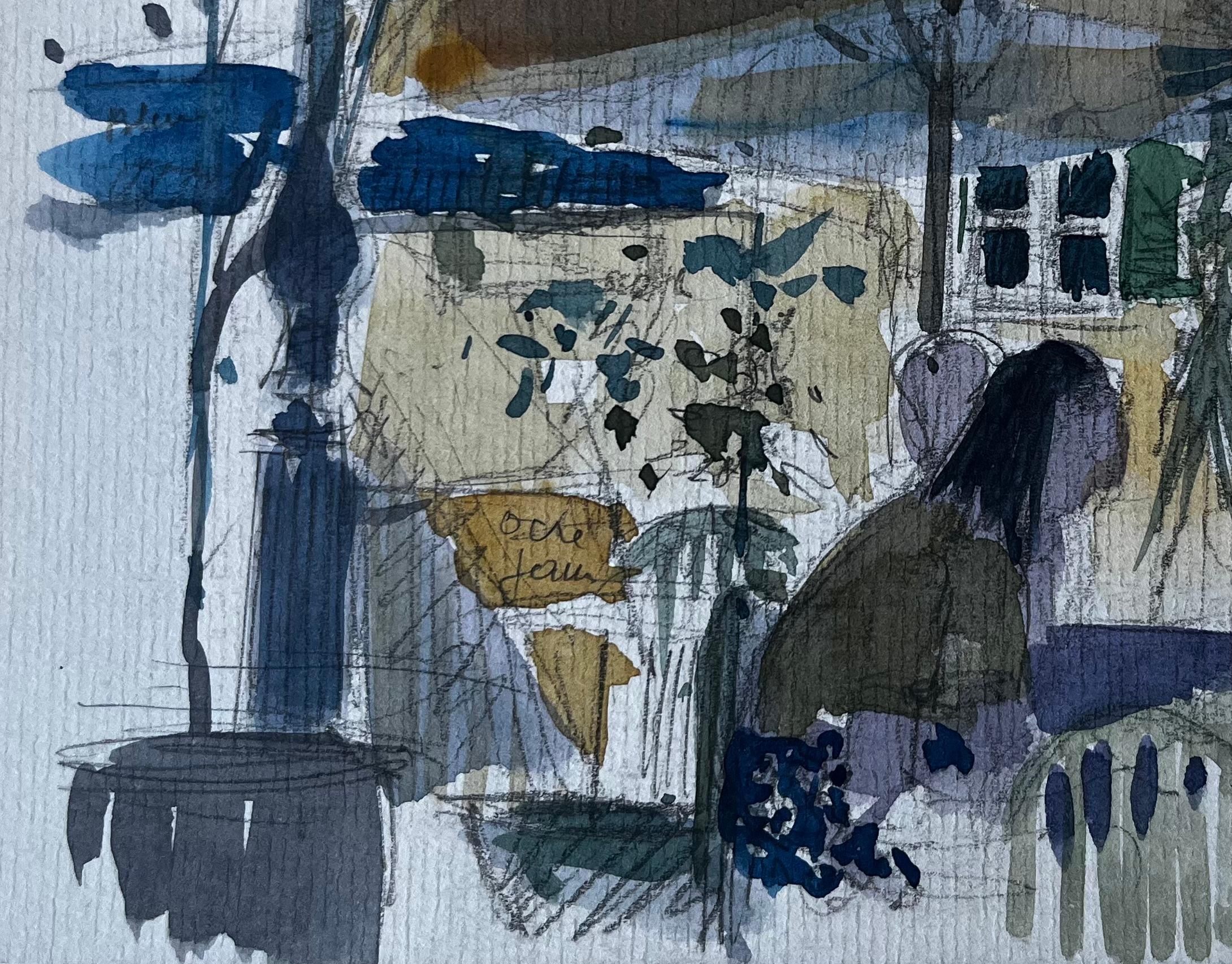 Scène de terrasse de café avec parapluie Aquarelle française de Pierre Neveu en vente 5