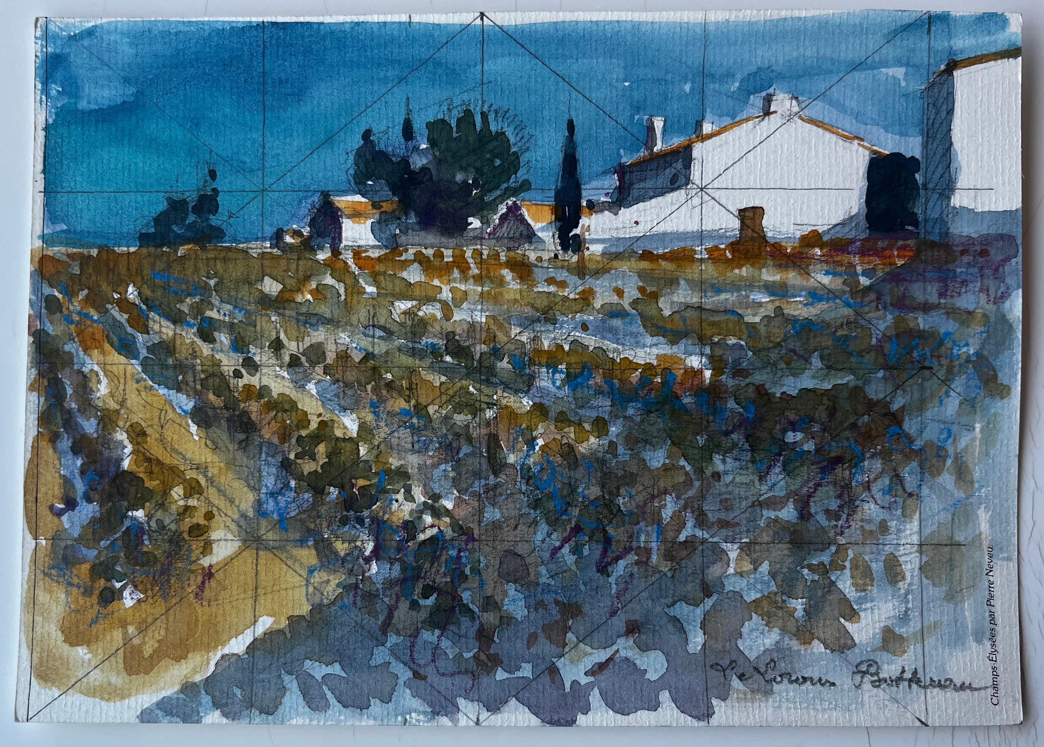 Le Louroux Bottereau Paysage français Aquarelle de Pierre Neveu en vente 1