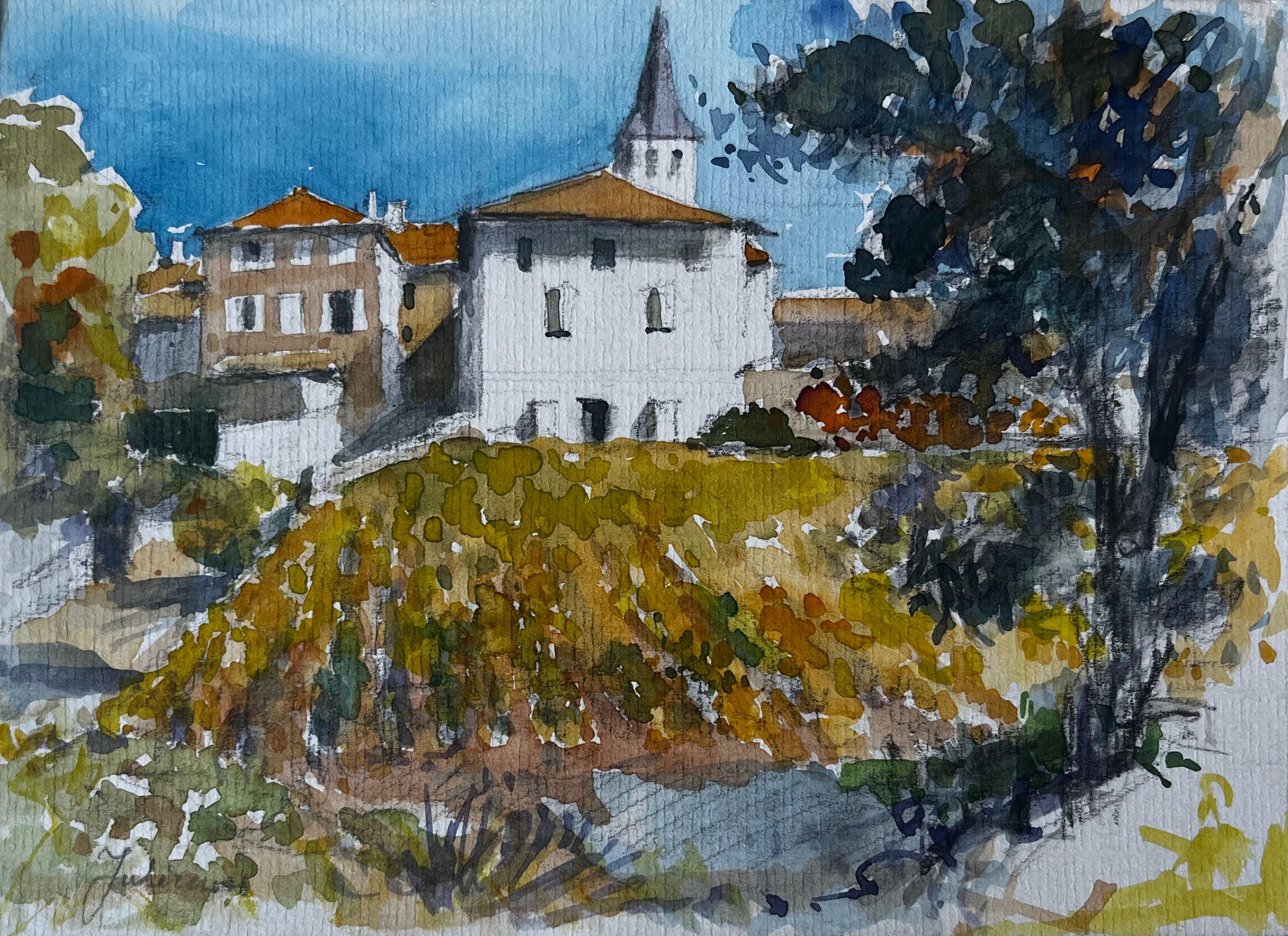 Französische Dorflandschaft mit Church
s Aquarell von Pierre Neveu