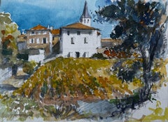 Paesaggio di villaggio francese con chiesa, acquerello di Pierre Neveu