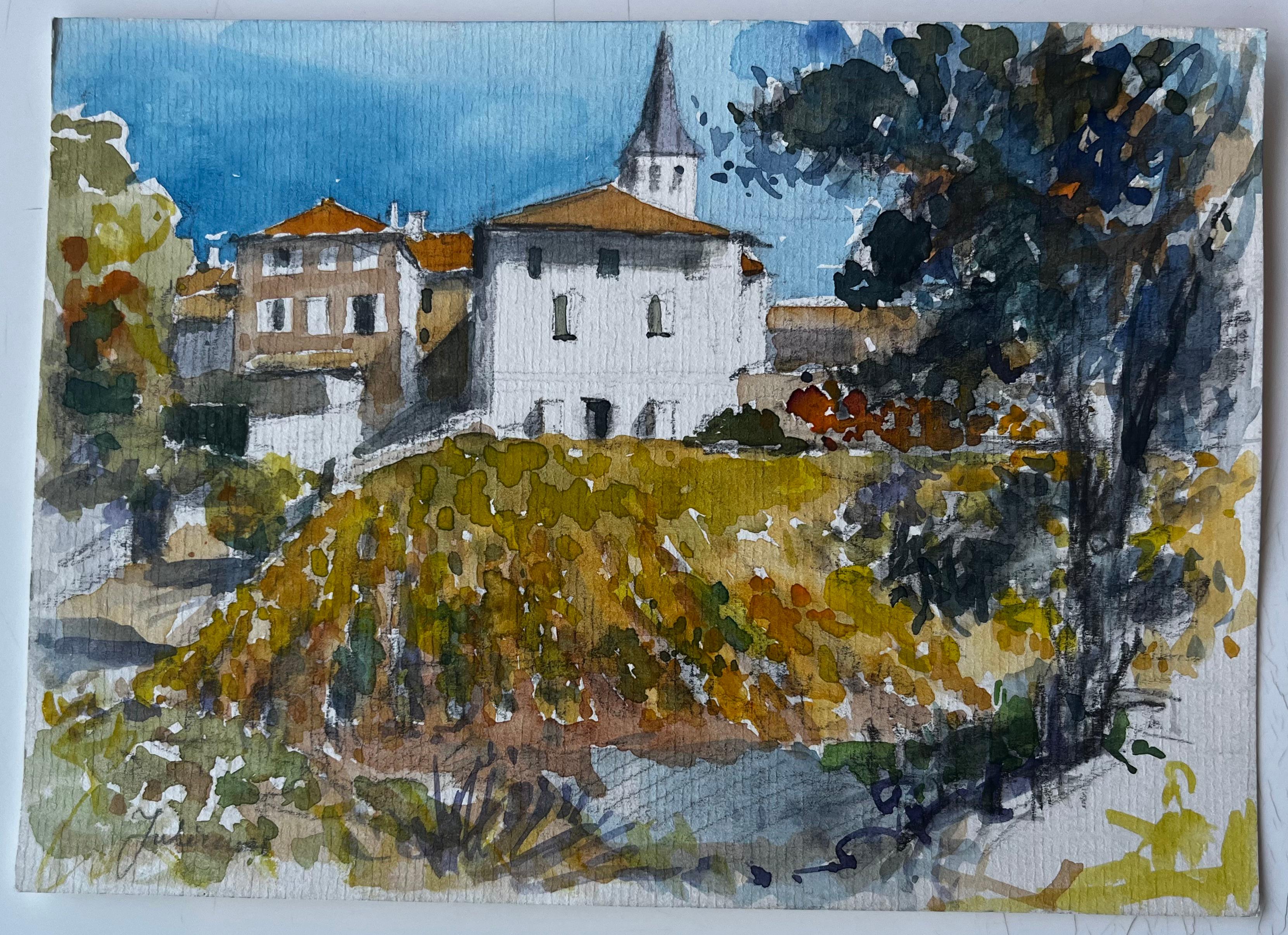 Paesaggio di villaggio francese con chiesa, acquerello di Pierre Neveu in vendita 1