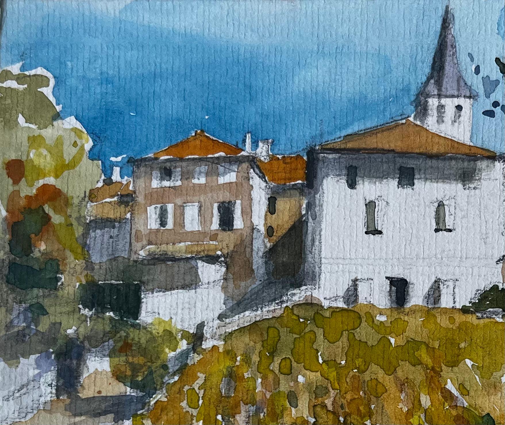 Paesaggio di villaggio francese con chiesa, acquerello di Pierre Neveu in vendita 2