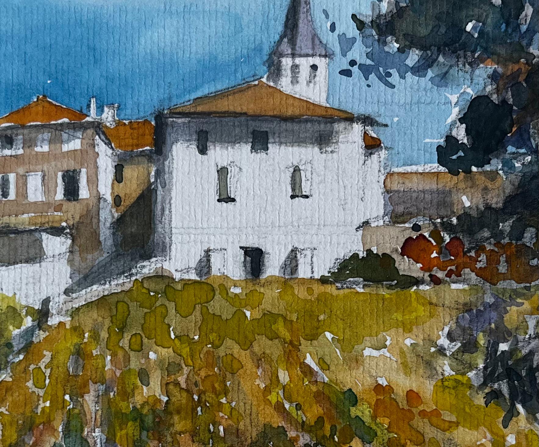 Paesaggio di villaggio francese con chiesa, acquerello di Pierre Neveu in vendita 6