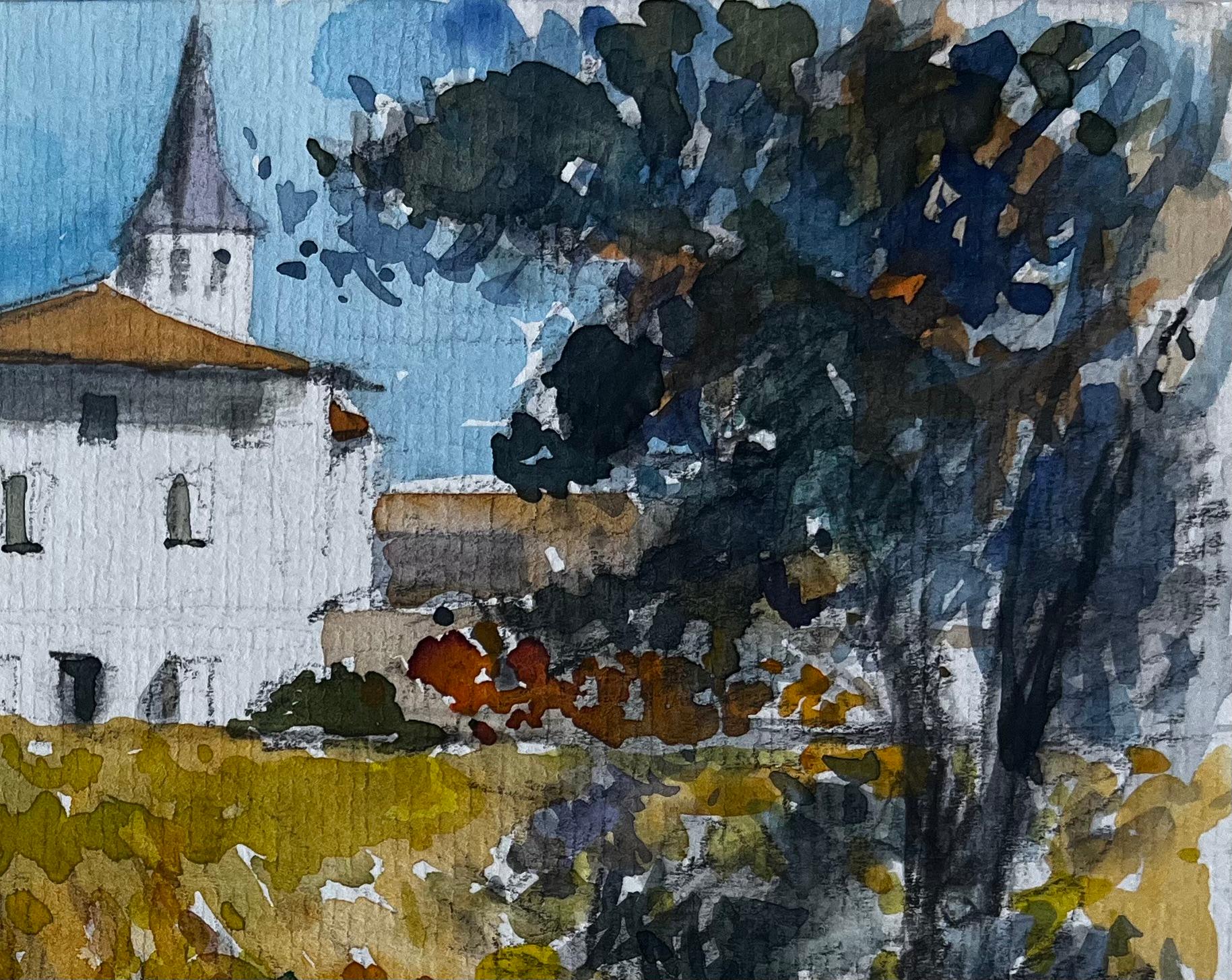 Paesaggio di villaggio francese con chiesa, acquerello di Pierre Neveu in vendita 3