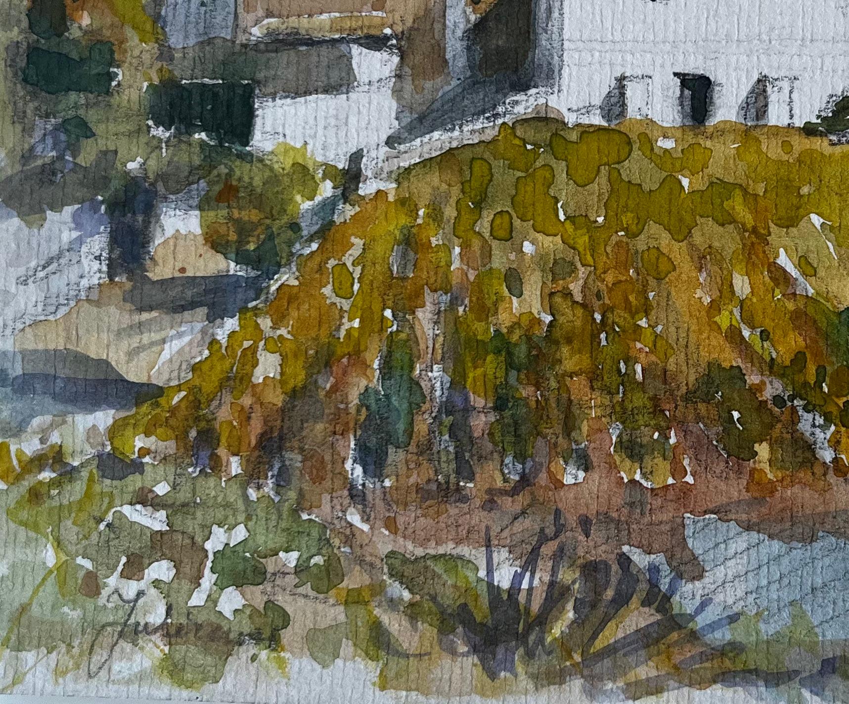 Paesaggio di villaggio francese con chiesa, acquerello di Pierre Neveu in vendita 5