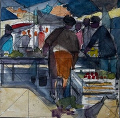 Scena di mercato francese Studio geometrico ad acquerello di Pierre Neveu