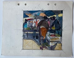 French Market Scene Geometric Watercolour Study by Pierre Neveu