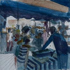 Studio ad acquerello del mercato francese con tenda da sole blu di Pierre Neveu