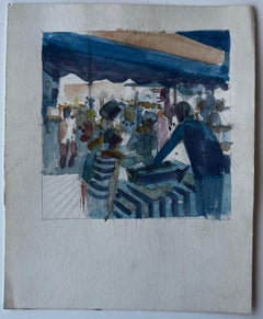 French Market Watercolour Study with Blue Awning by Pierre Neveu