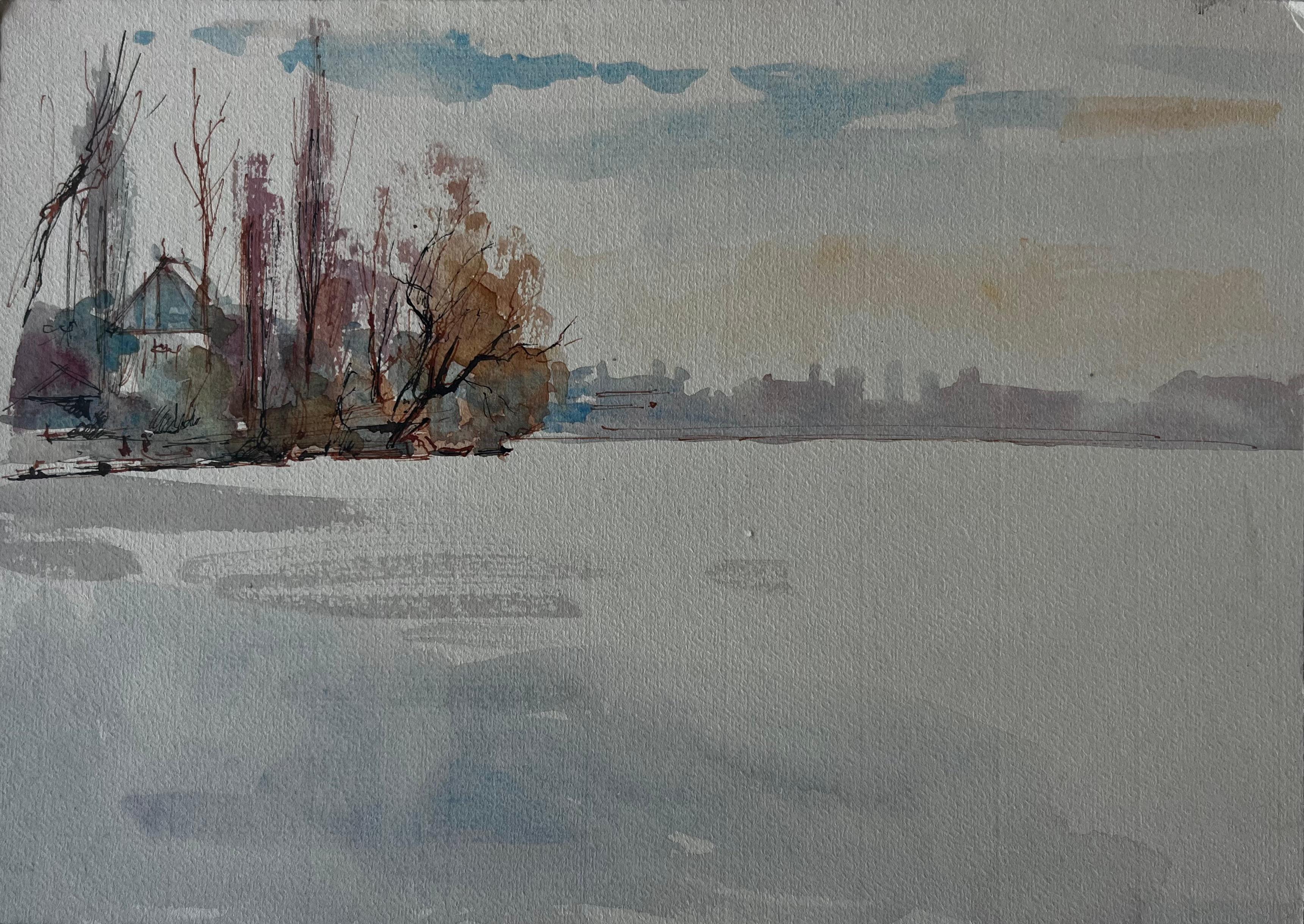 Paisaje de ribera con luz invernal Acuarela de Pierre Neveu