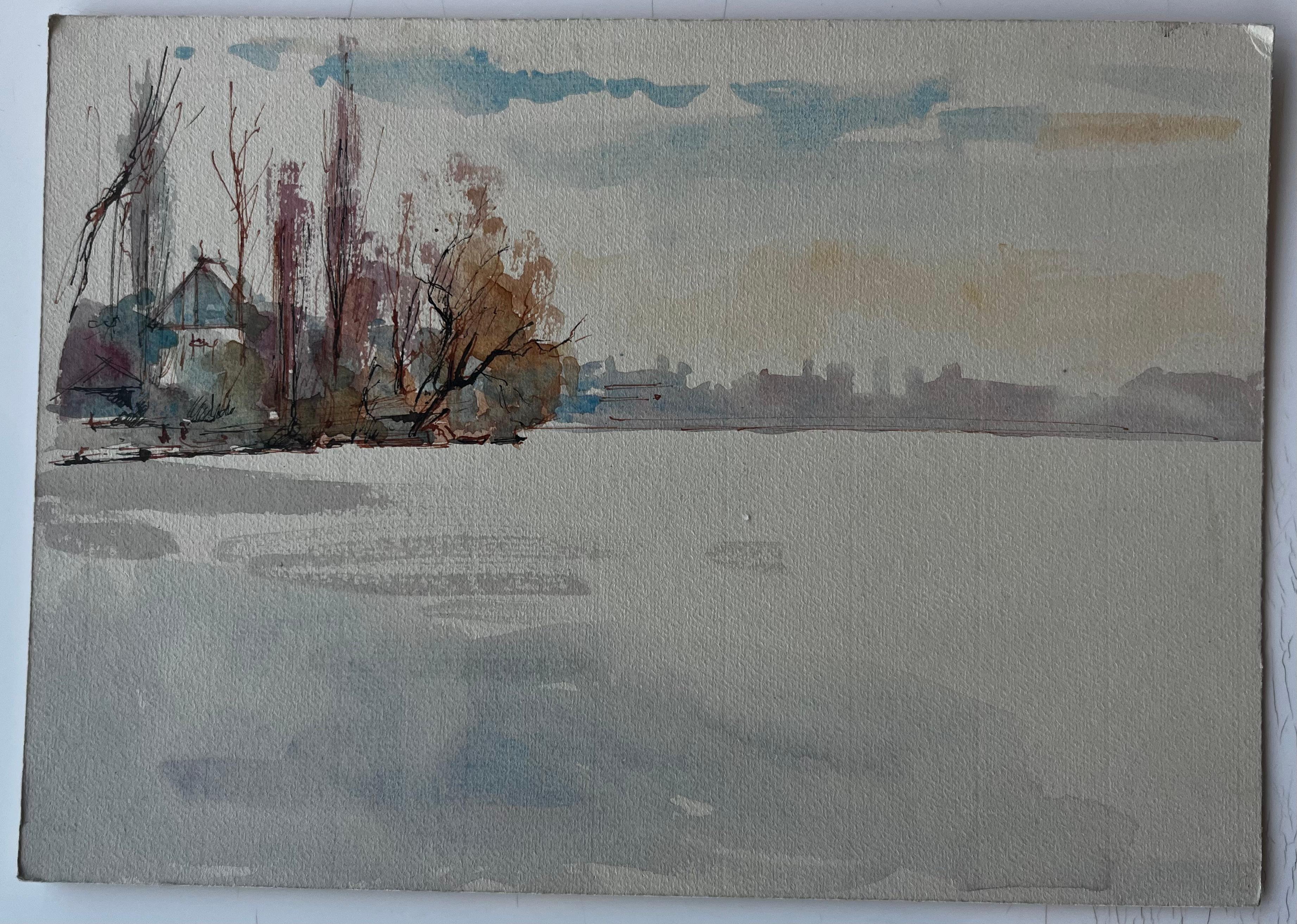 Paysage riverain dans la lumière d'A Winter Aquarelle de Pierre Neveu en vente 1