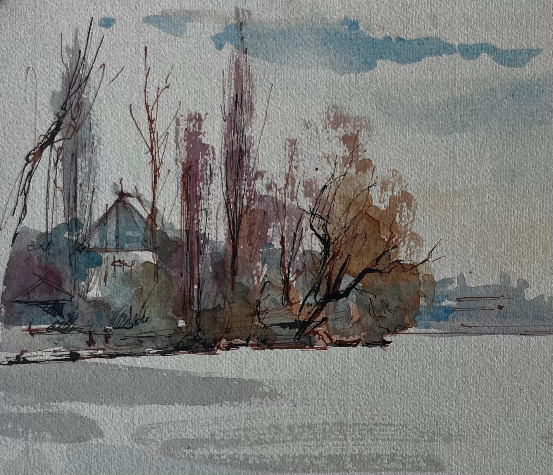 Paysage riverain dans la lumière d'A Winter Aquarelle de Pierre Neveu en vente 3