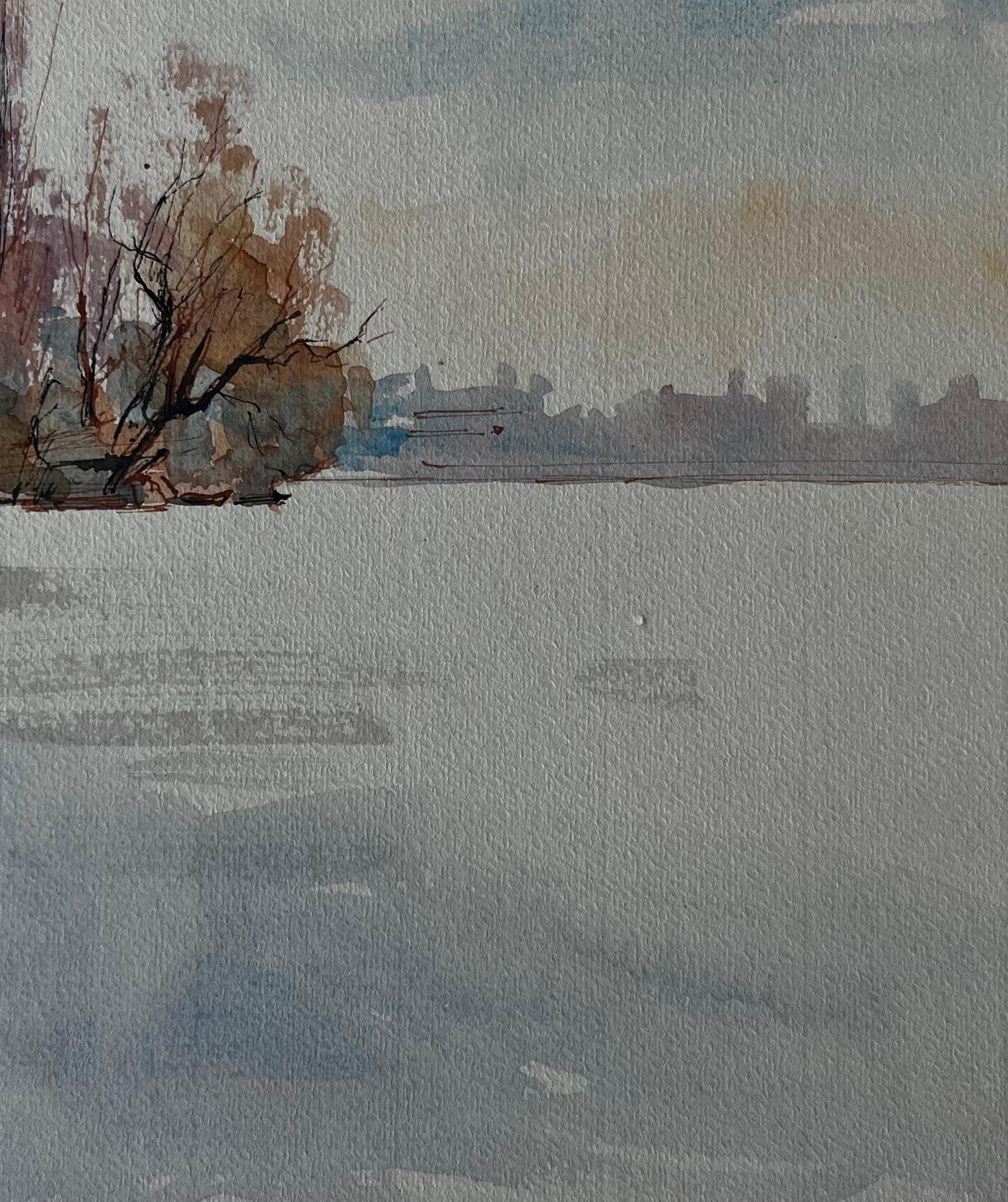 Paysage riverain dans la lumière d'A Winter Aquarelle de Pierre Neveu en vente 4
