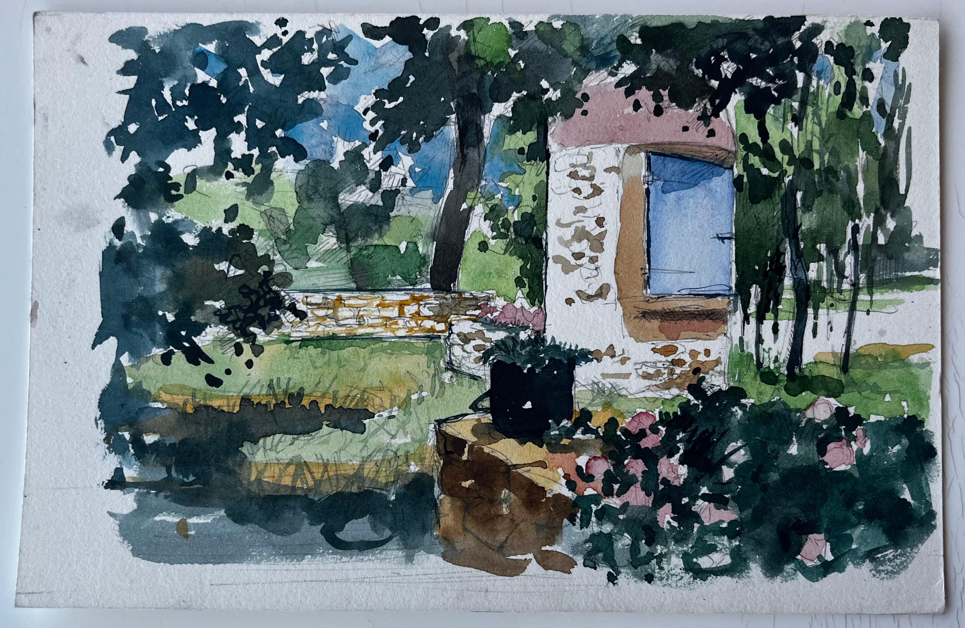 Jardín francés y casa de piedra Acuarela de Pierre Neveu en venta 1