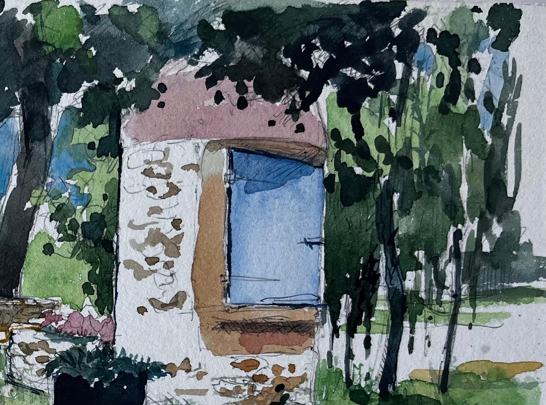 Jardín francés y casa de piedra Acuarela de Pierre Neveu en venta 2