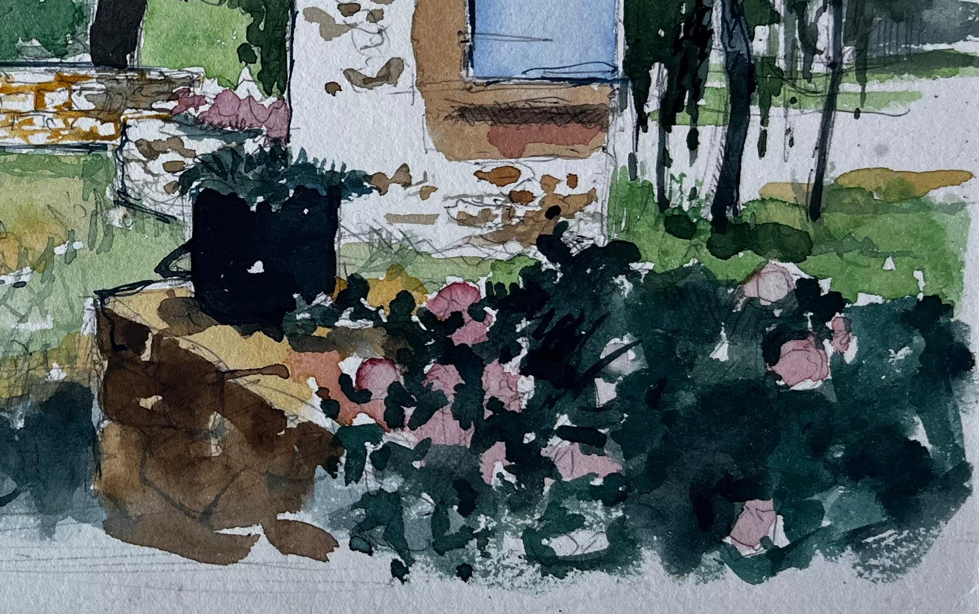 Jardín francés y casa de piedra Acuarela de Pierre Neveu en venta 3