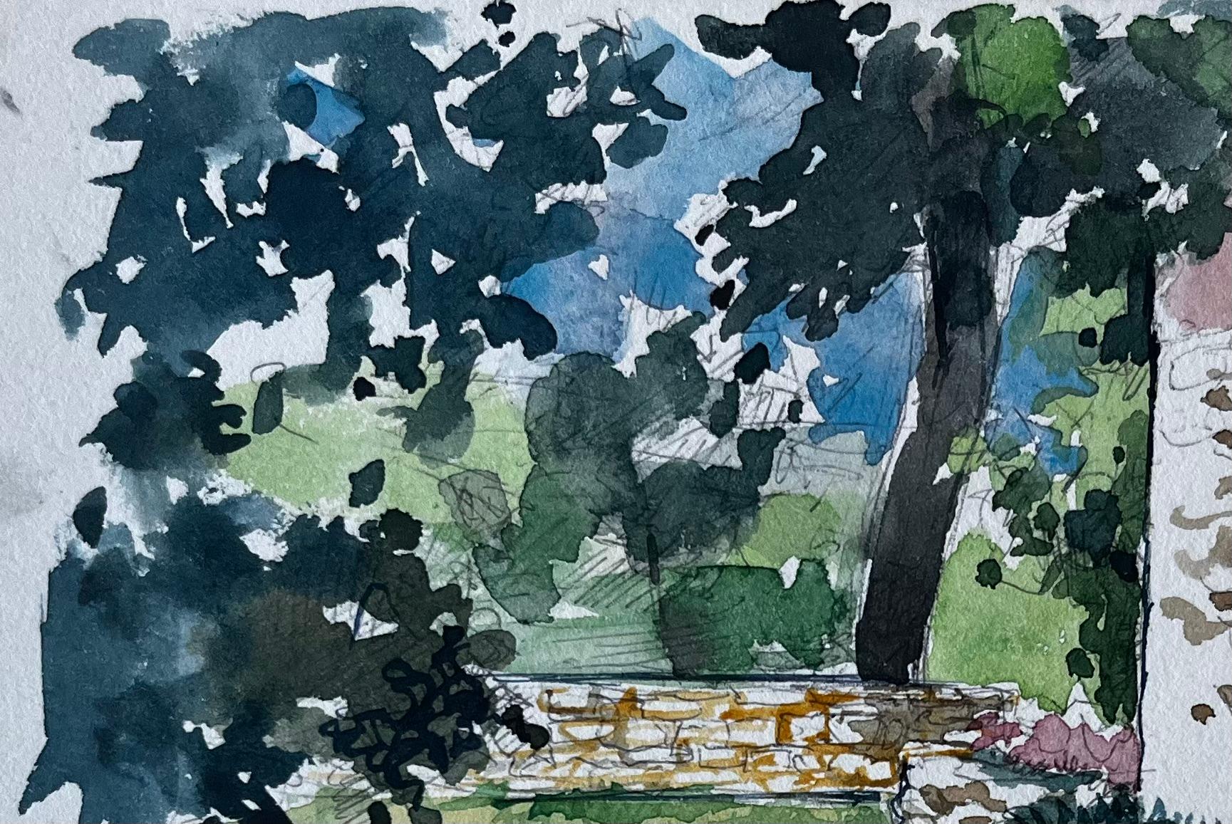 Jardín francés y casa de piedra Acuarela de Pierre Neveu en venta 4