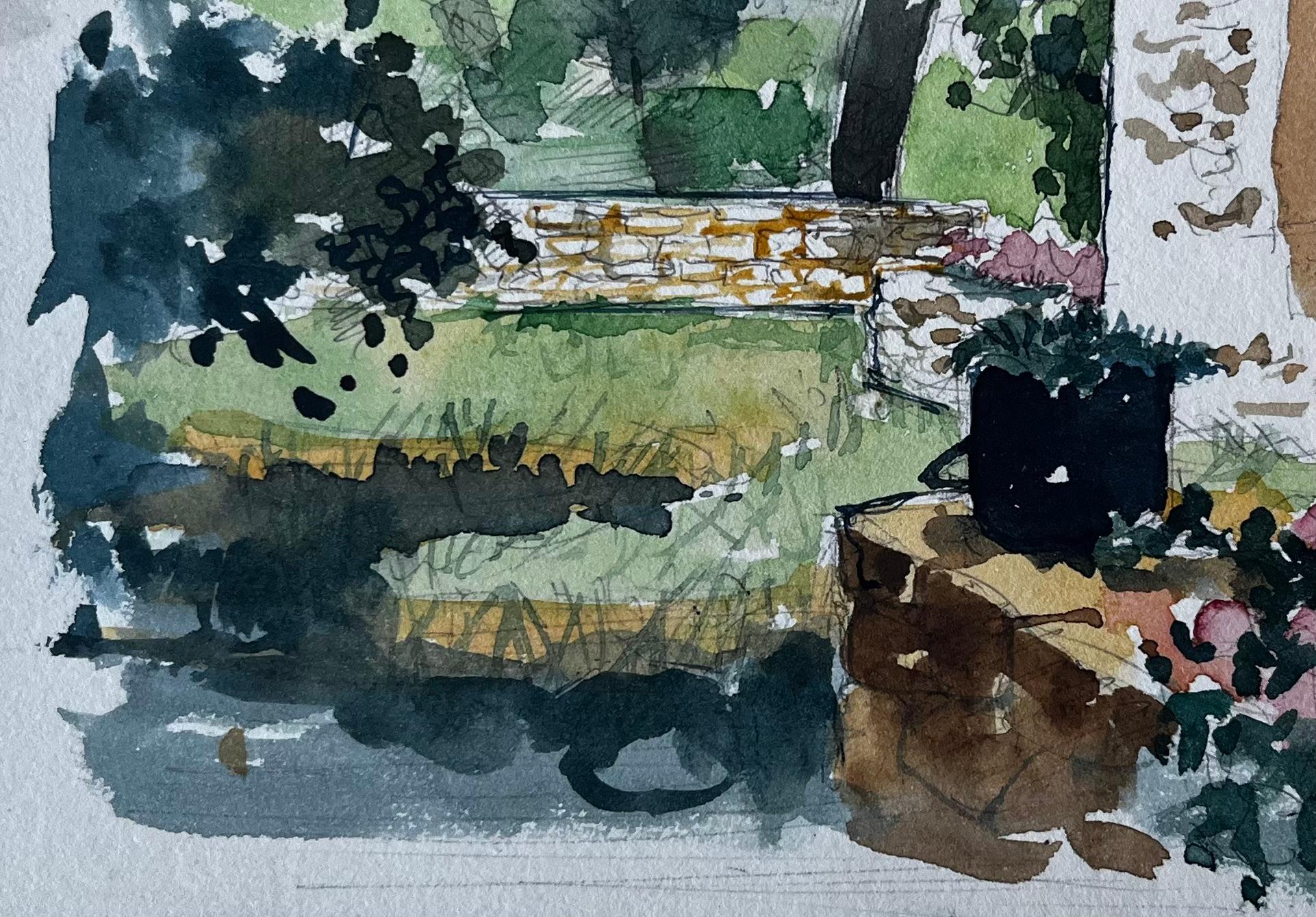 Jardín francés y casa de piedra Acuarela de Pierre Neveu en venta 5