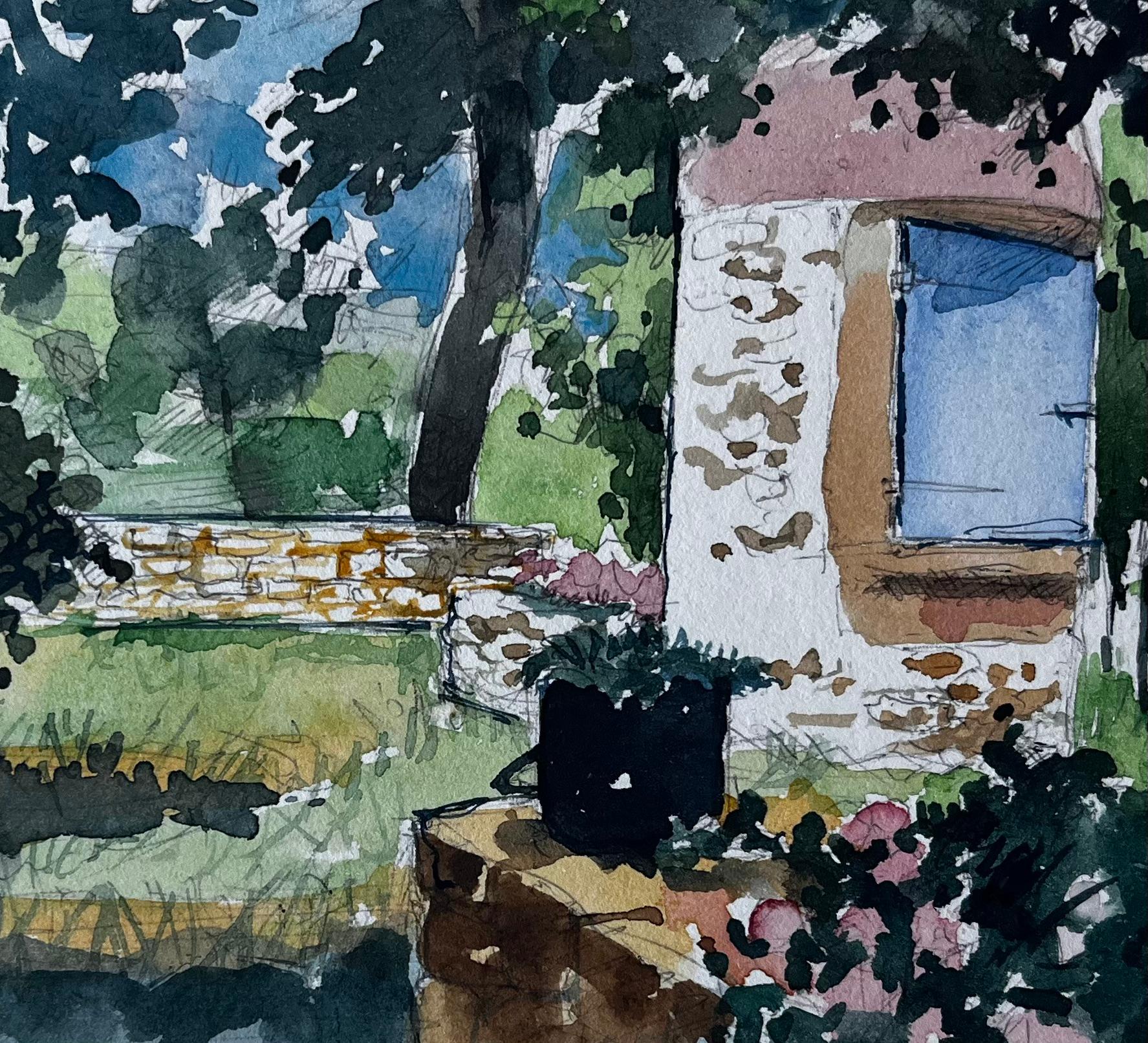 Jardín francés y casa de piedra Acuarela de Pierre Neveu en venta 6