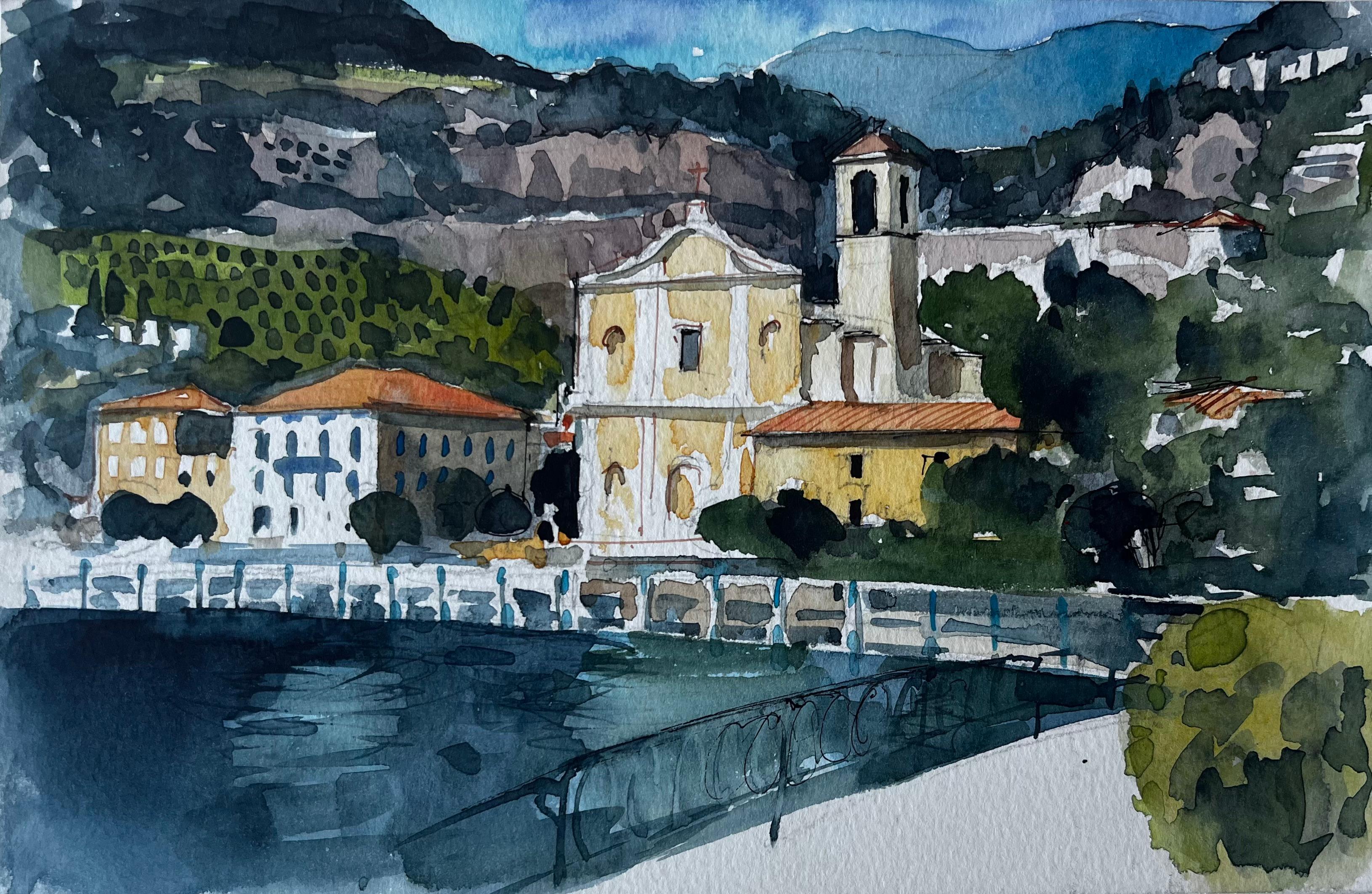 Townes e chiesa costiera mediterranea Acquerello di Pierre Neveu