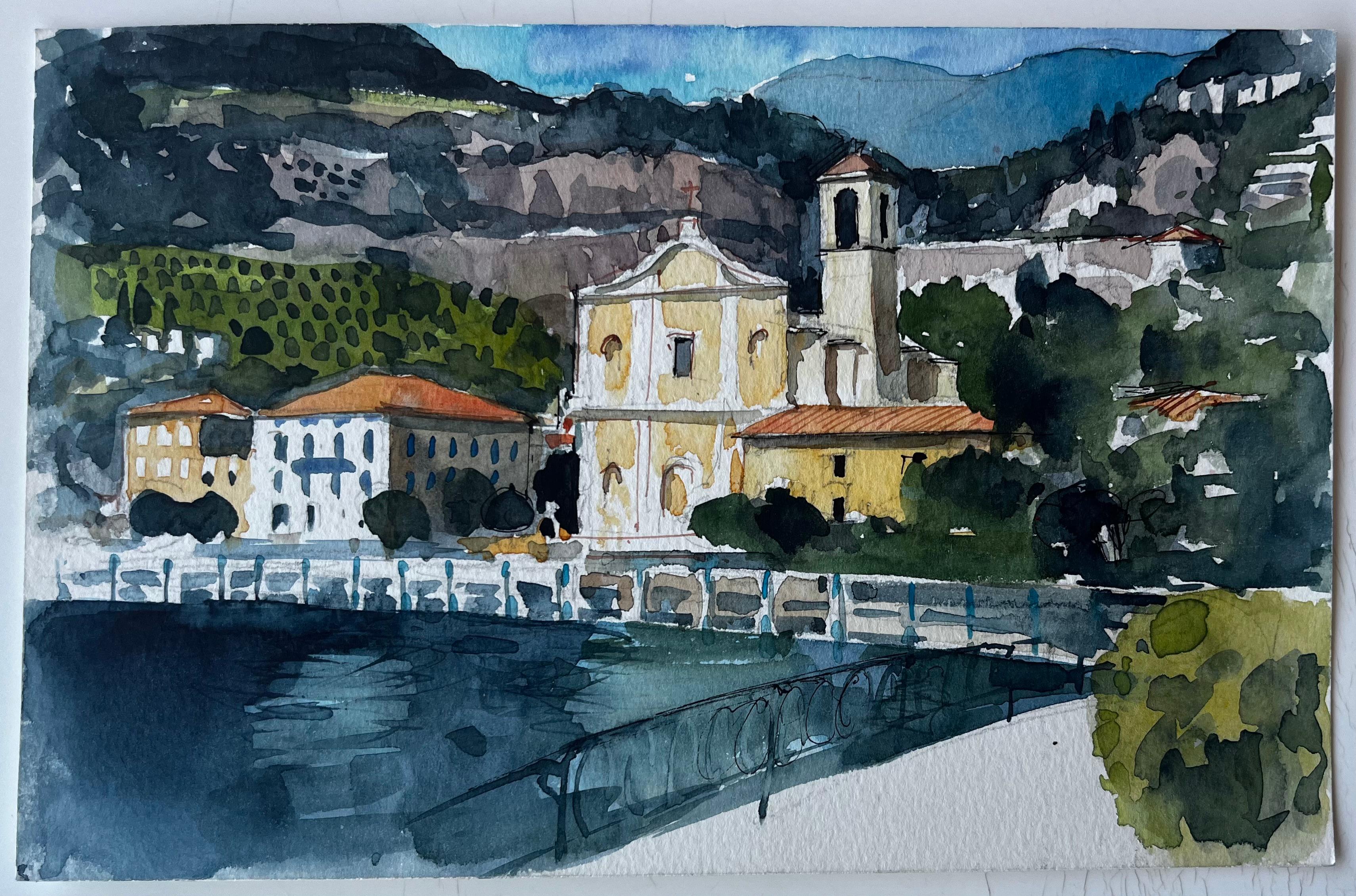 Ville côtière méditerranéenne et Church's Aquarelle de Pierre Neveu en vente 1