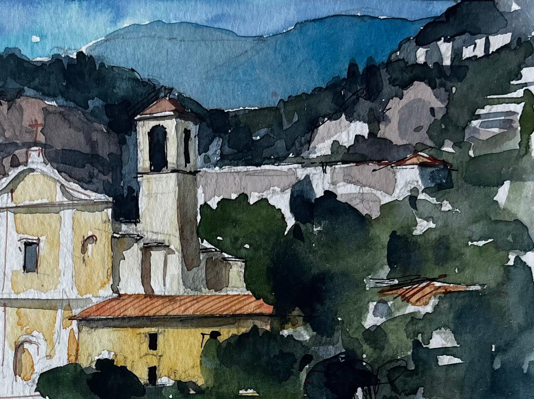Ville côtière méditerranéenne et Church's Aquarelle de Pierre Neveu en vente 2