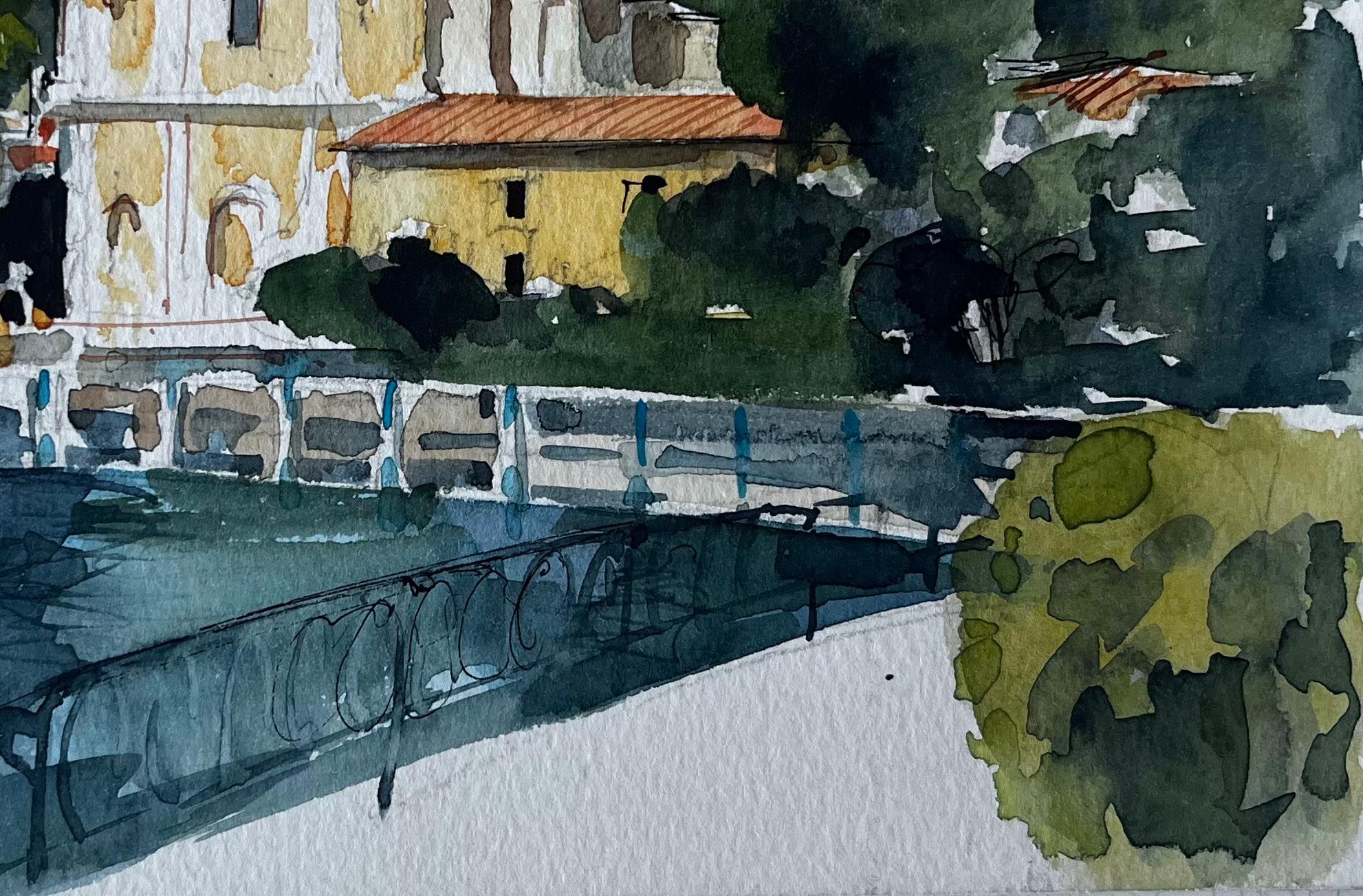 Ville côtière méditerranéenne et Church's Aquarelle de Pierre Neveu en vente 4