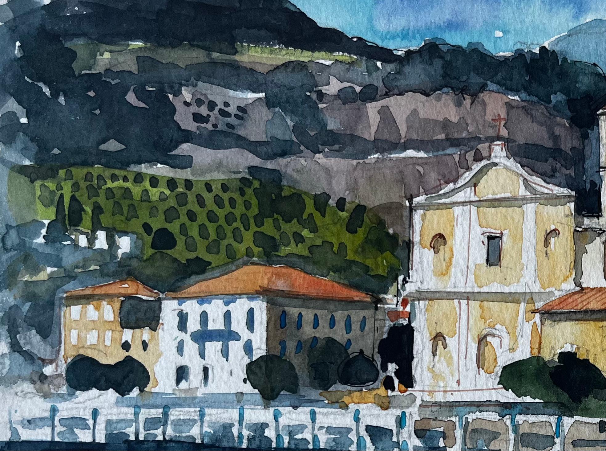 Ville côtière méditerranéenne et Church's Aquarelle de Pierre Neveu en vente 3