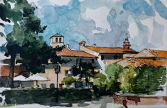 Mediterranean Village Rooftops Church Towers and Pine Trees Watercolor